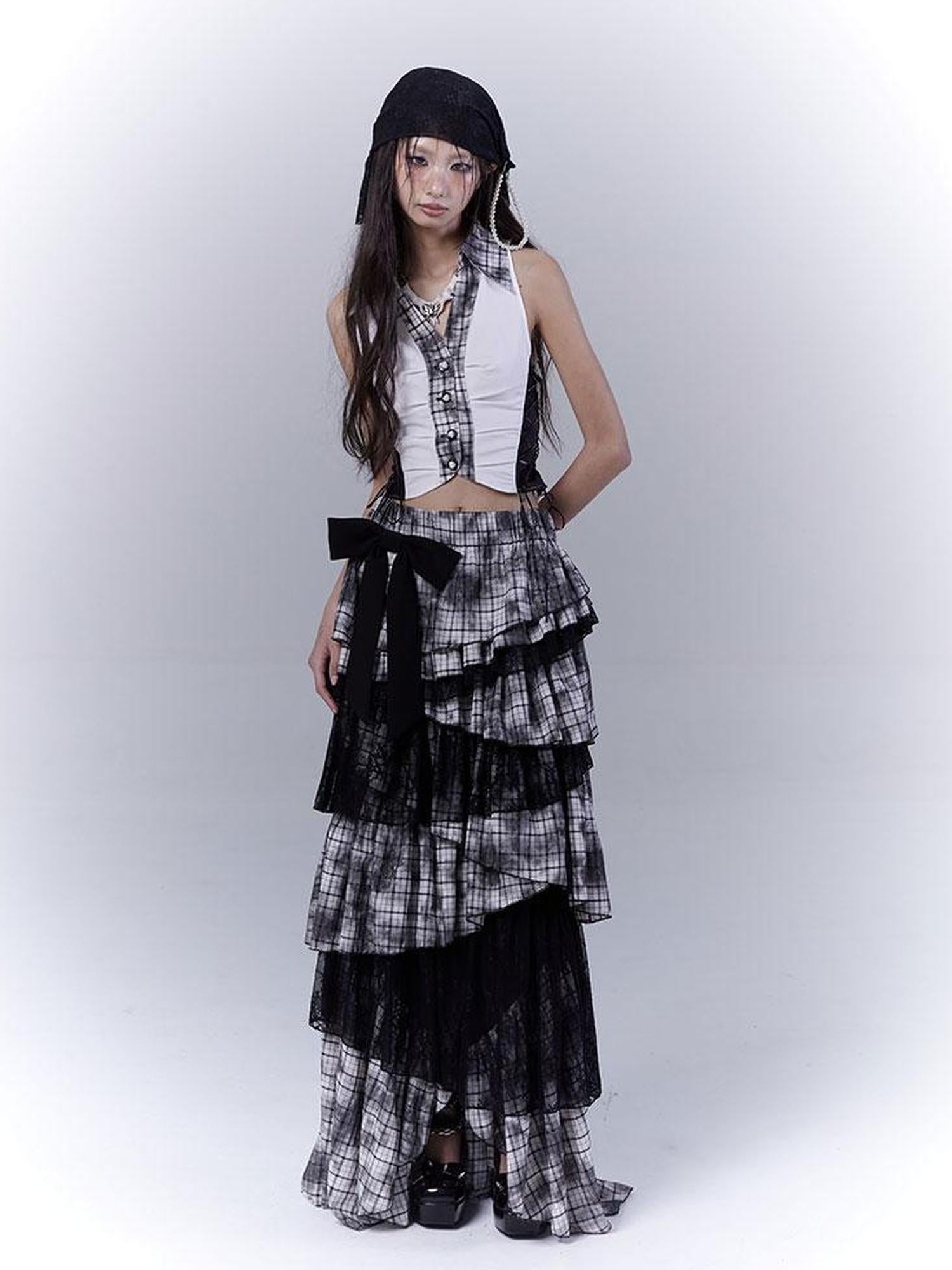 WSW WUSHENWU Gothic Lace Plaid Asymmetrical Cake Skirt