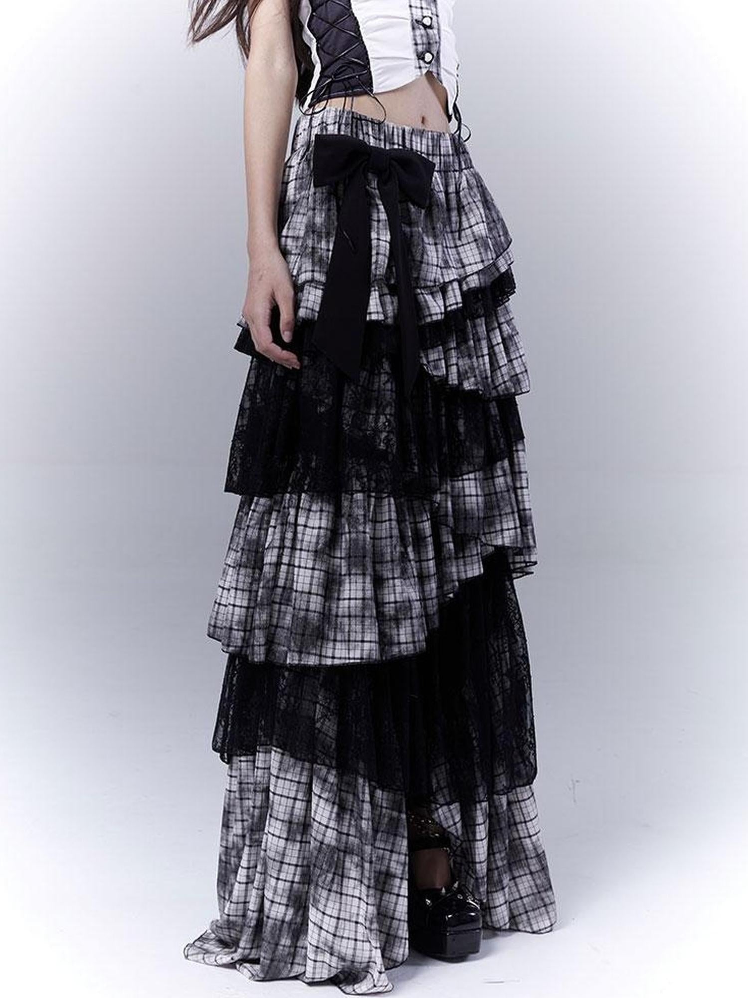 WSW WUSHENWU Gothic Lace Plaid Asymmetrical Cake Skirt