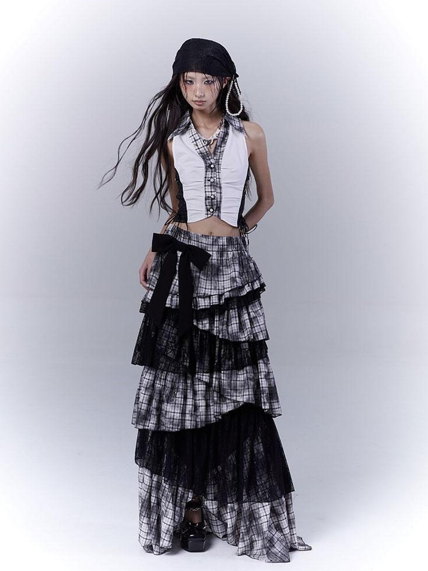 WSW WUSHENWU Gothic Lace Plaid Asymmetrical Cake Skirt