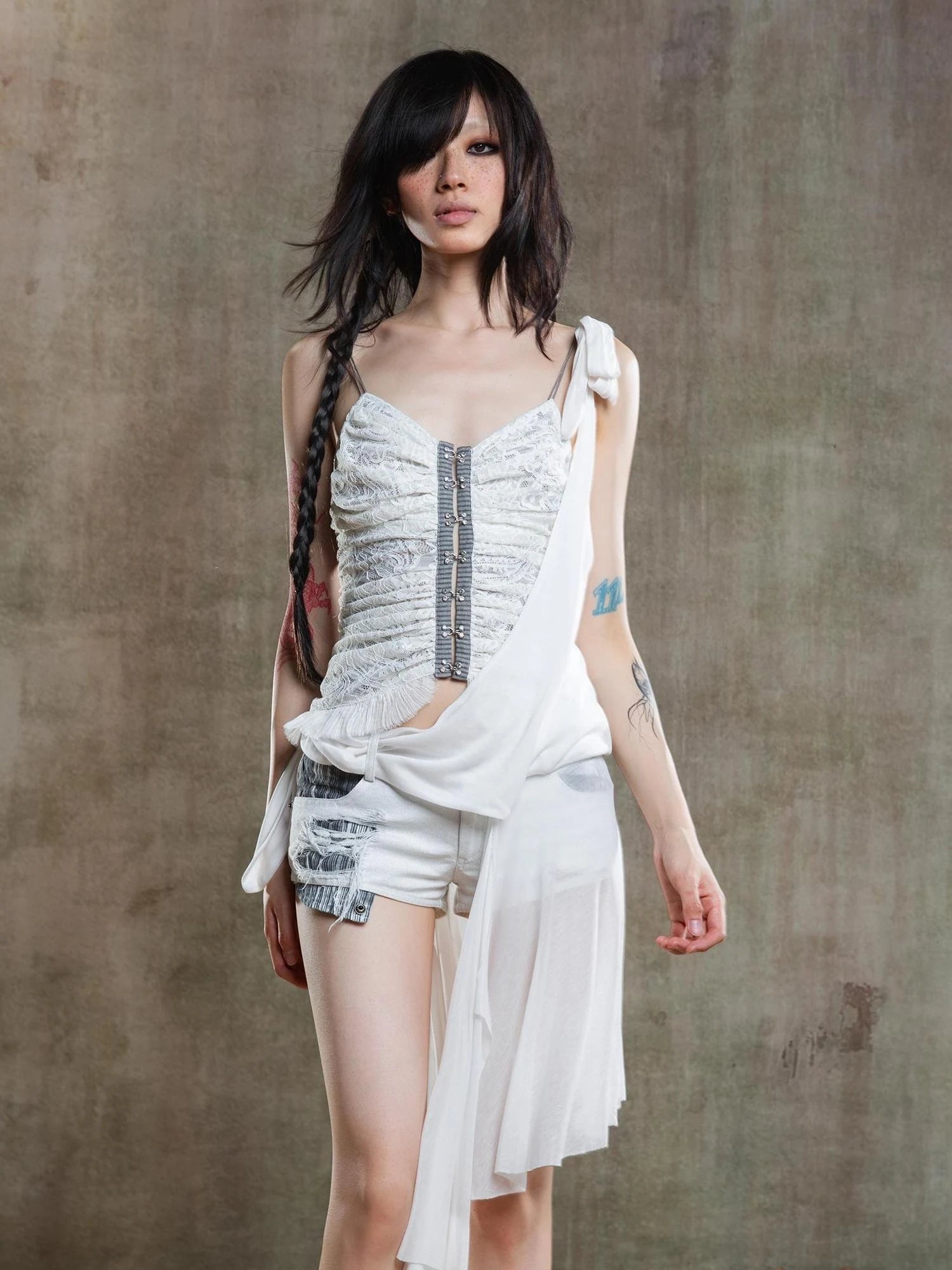 Gothic Lace Punk Corset Bustier With Multi Pleats