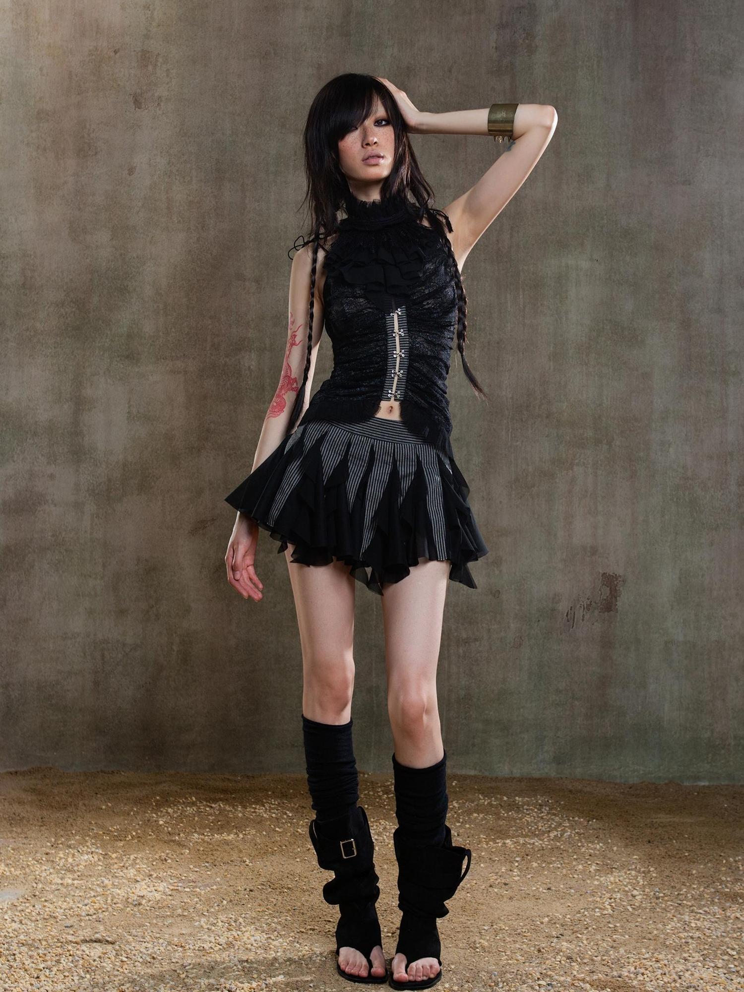 ARIADNAw Gothic Lace Punk Corset Bustier With Multi Pleats