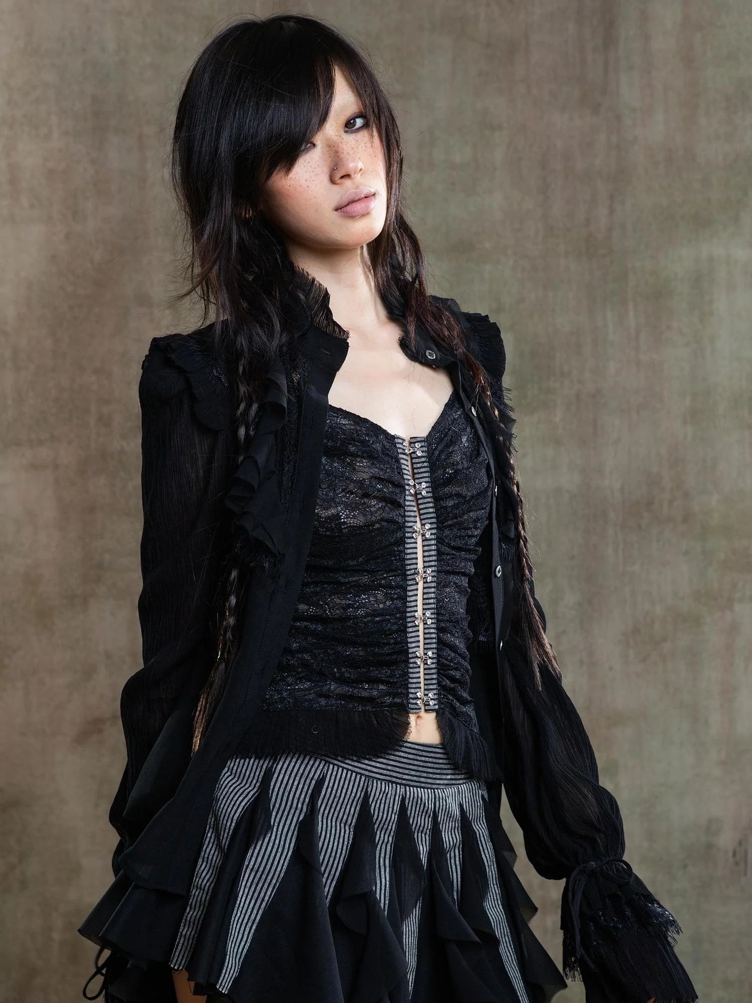 Gothic Lace Punk Corset Bustier With Multi Pleats