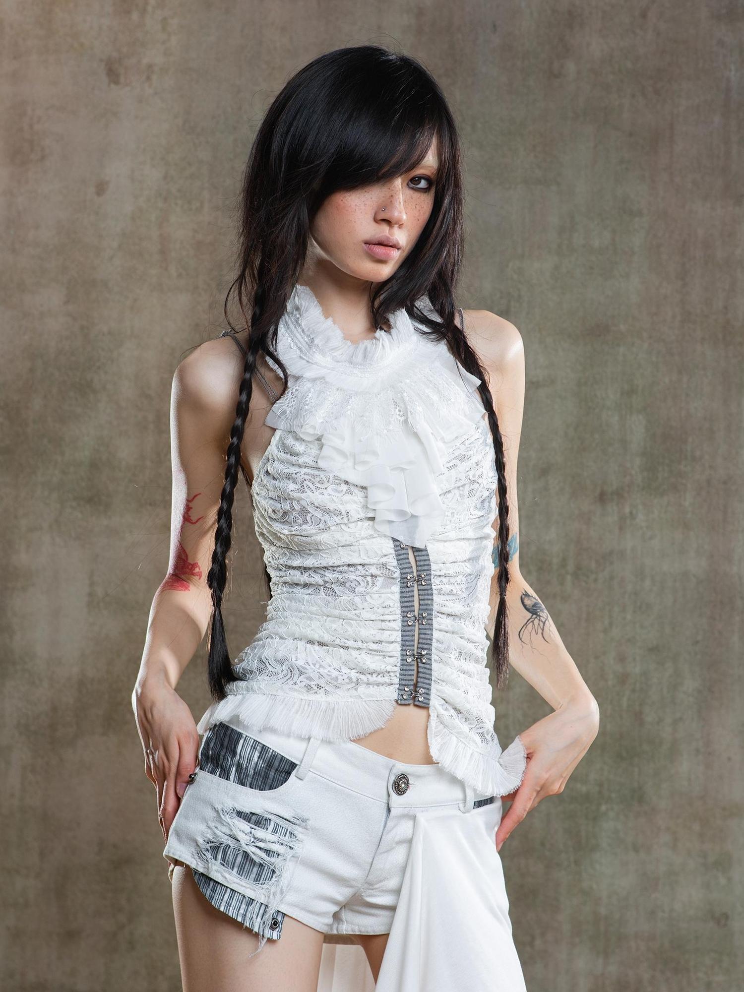 ARIADNAw Gothic Lace Punk Corset Bustier With Multi Pleats