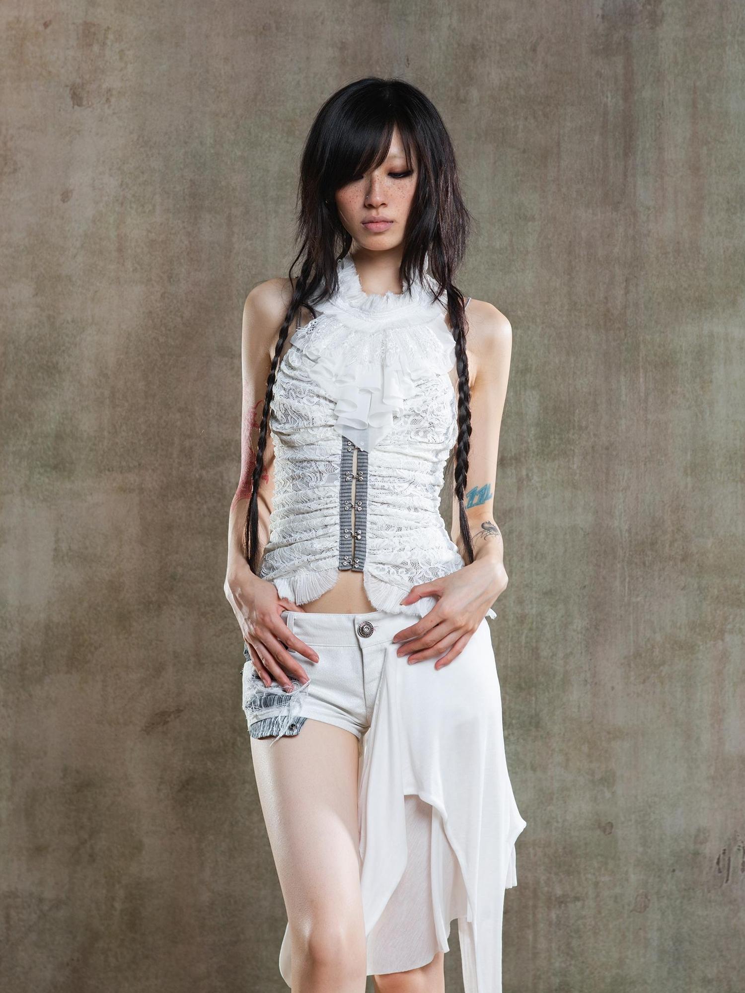 ARIADNAw Gothic Lace Punk Corset Bustier With Multi Pleats