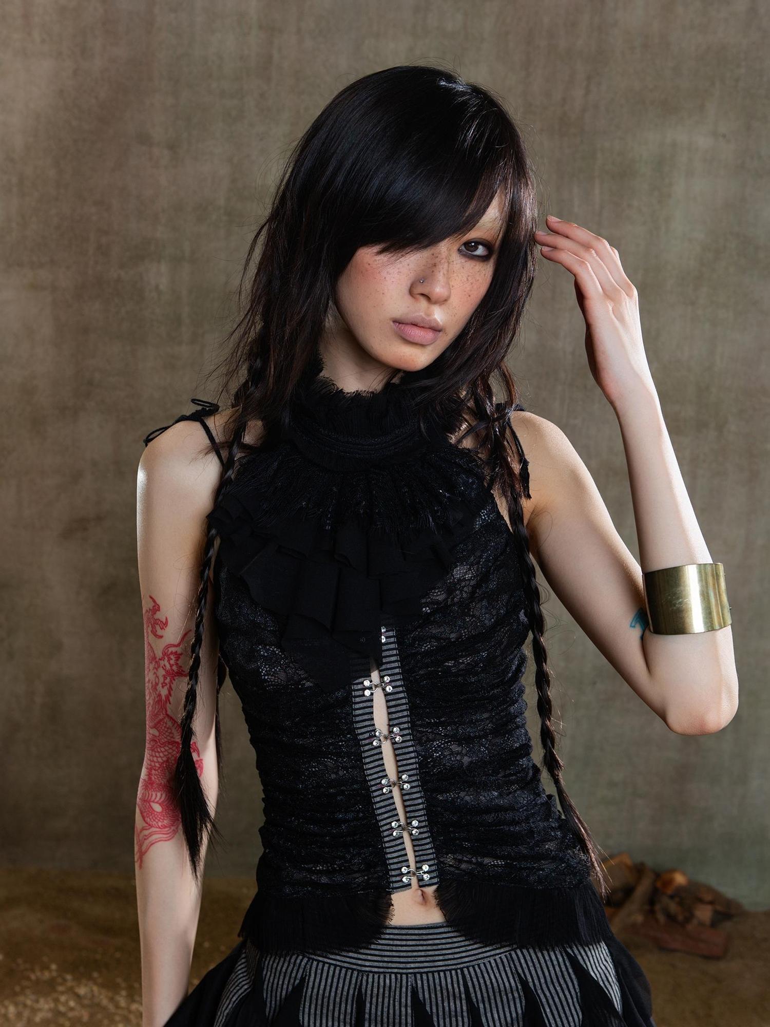 ARIADNAw Gothic Lace Punk Corset Bustier With Multi Pleats