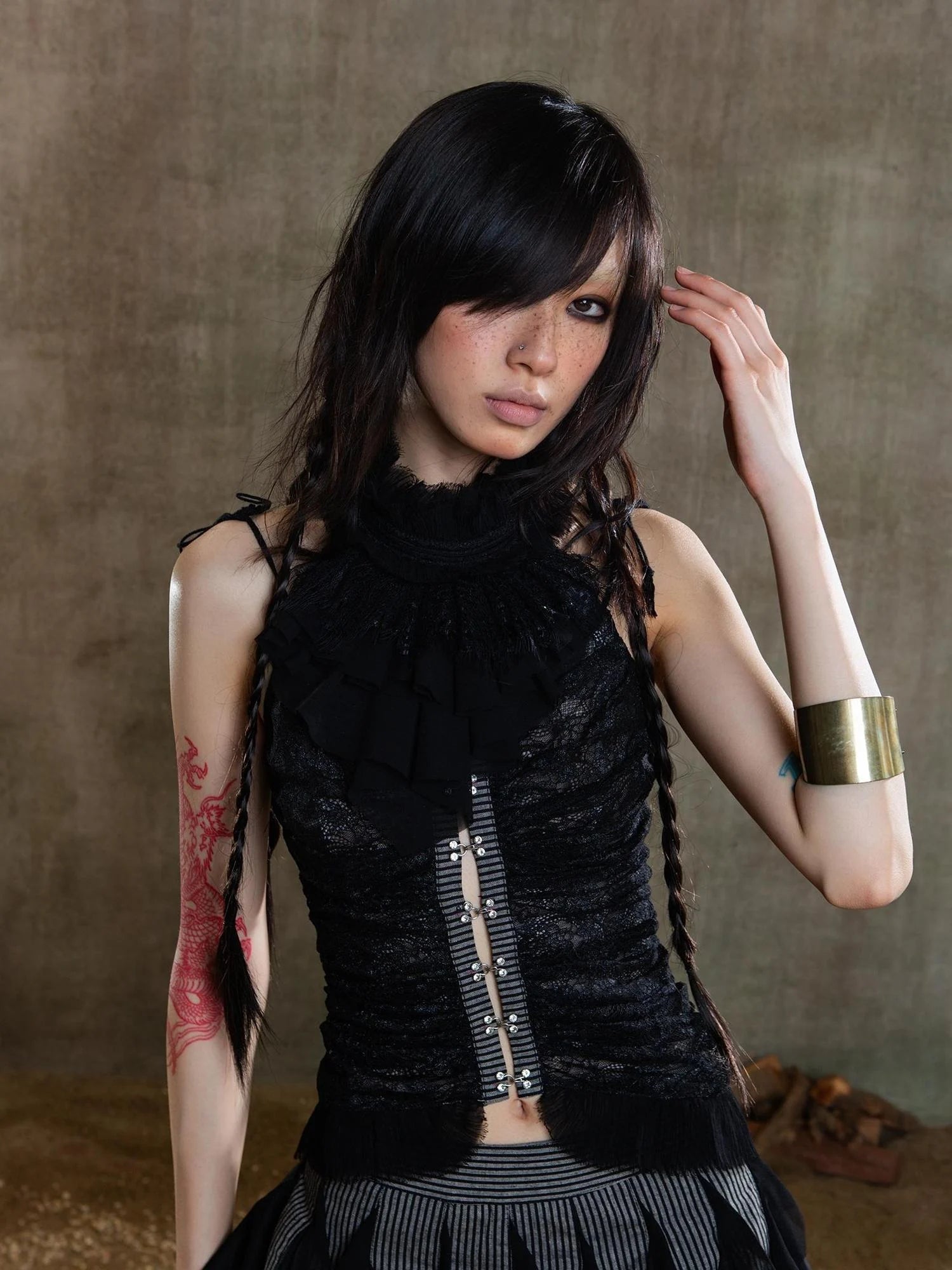 Gothic Lace Punk Corset Bustier With Multi Pleats
