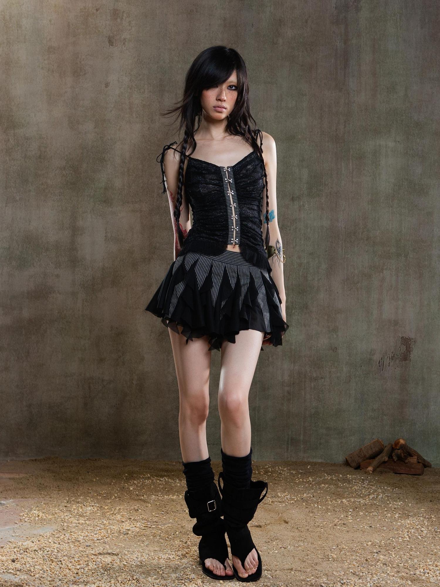 ARIADNAw Gothic Lace Punk Corset Bustier With Multi Pleats
