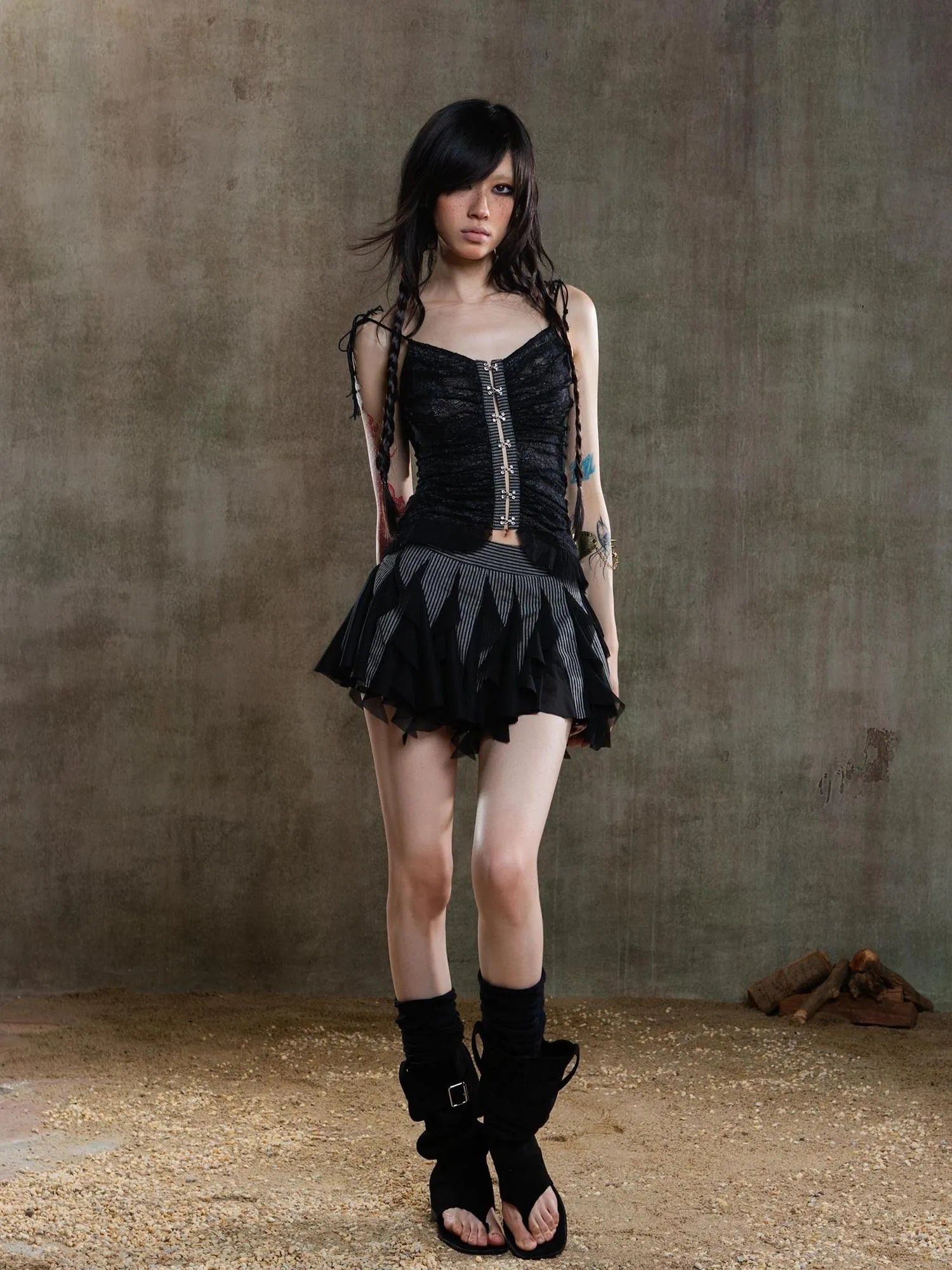 Gothic Lace Punk Corset Bustier With Multi Pleats