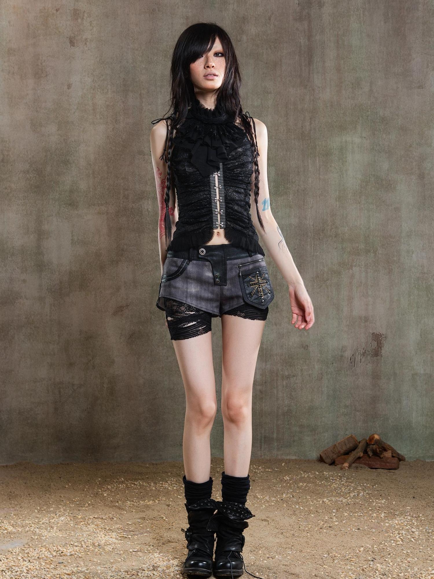ARIADNAw Gothic Lace Punk Corset Bustier With Multi Pleats