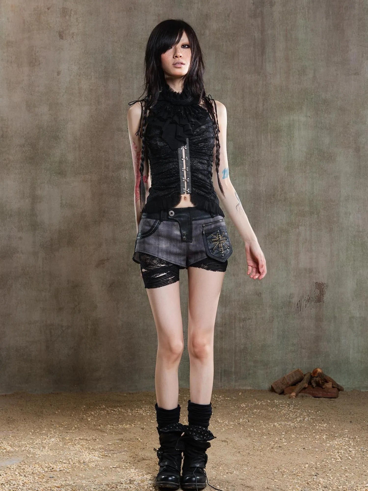 Gothic Lace Punk Corset Bustier With Multi Pleats