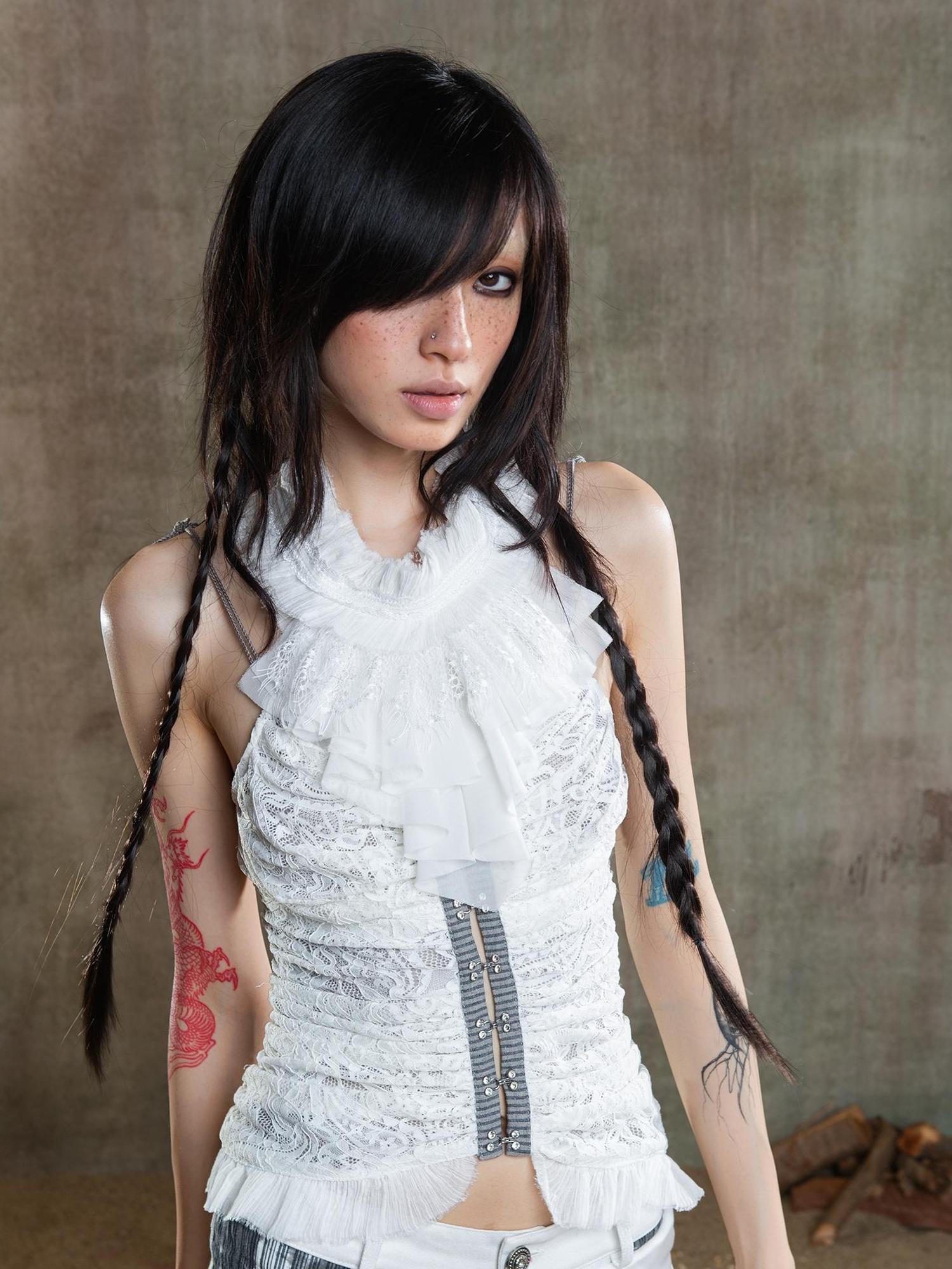 ARIADNAw Gothic Lace Punk Corset Bustier With Multi Pleats