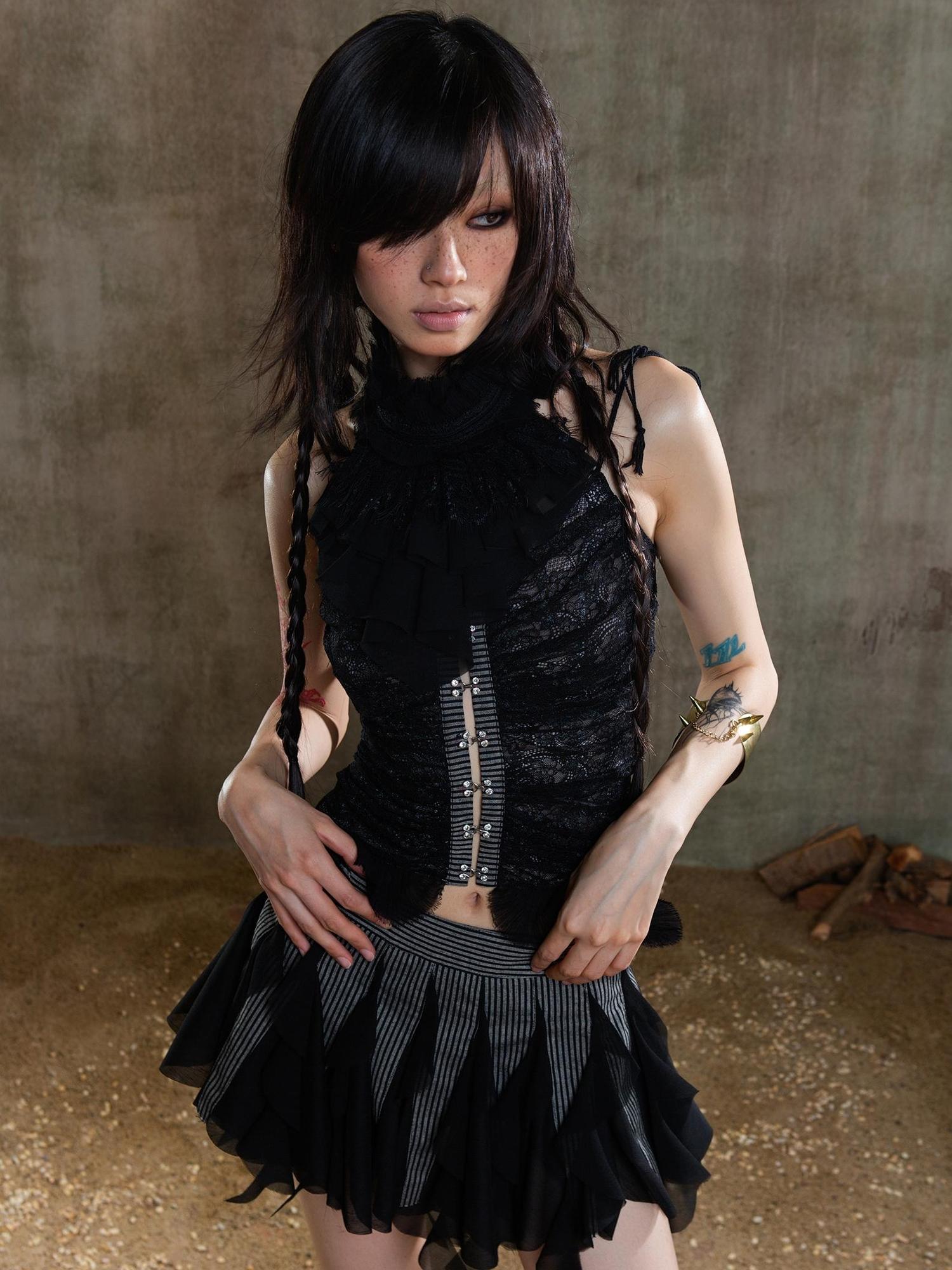 ARIADNAw Gothic Lace Punk Corset Bustier With Multi Pleats