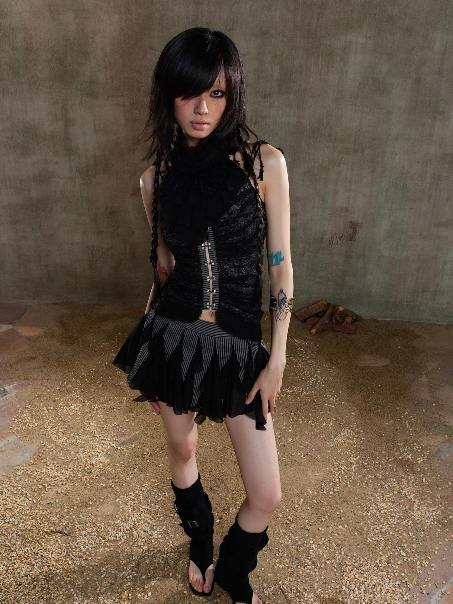 ARIADNAw Gothic Lace Punk Corset Bustier With Multi Pleats