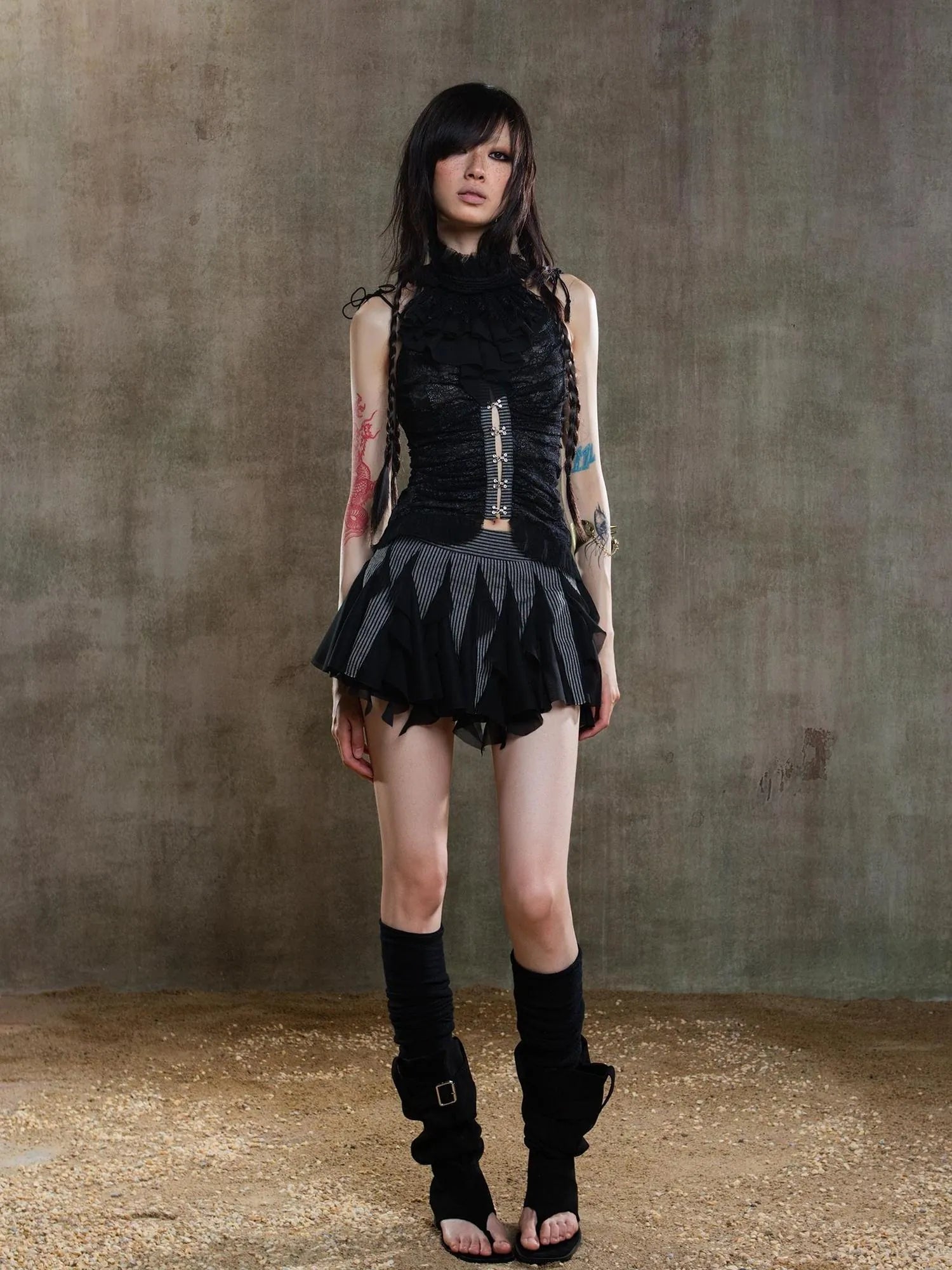 Gothic Lace Punk Corset Bustier With Multi Pleats
