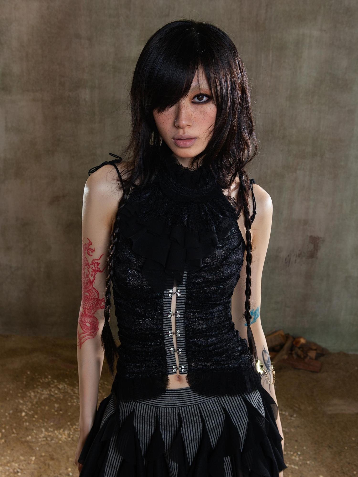 ARIADNAw Gothic Lace Punk Corset Bustier With Multi Pleats