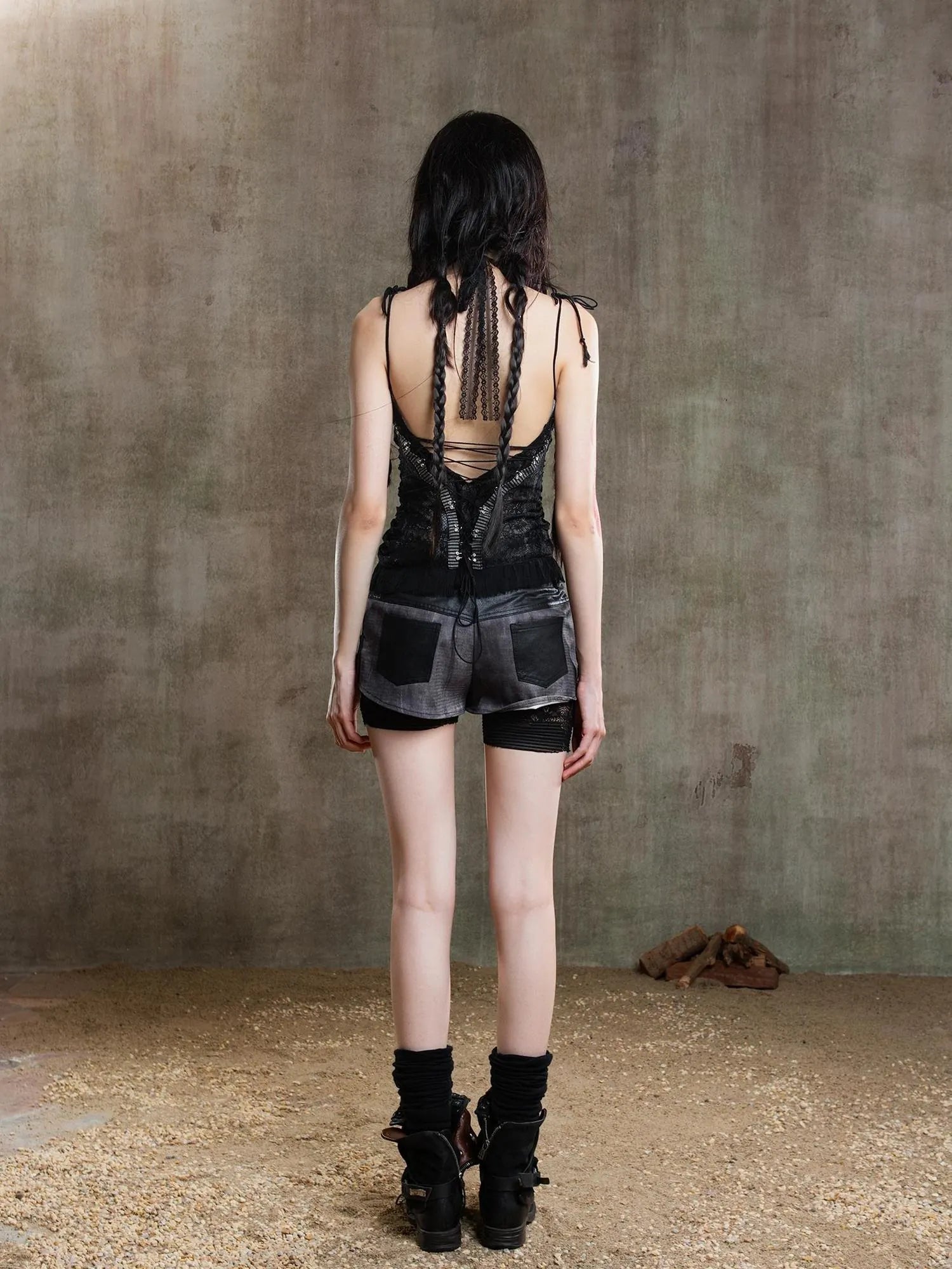 Gothic Lace Punk Corset Bustier With Multi Pleats