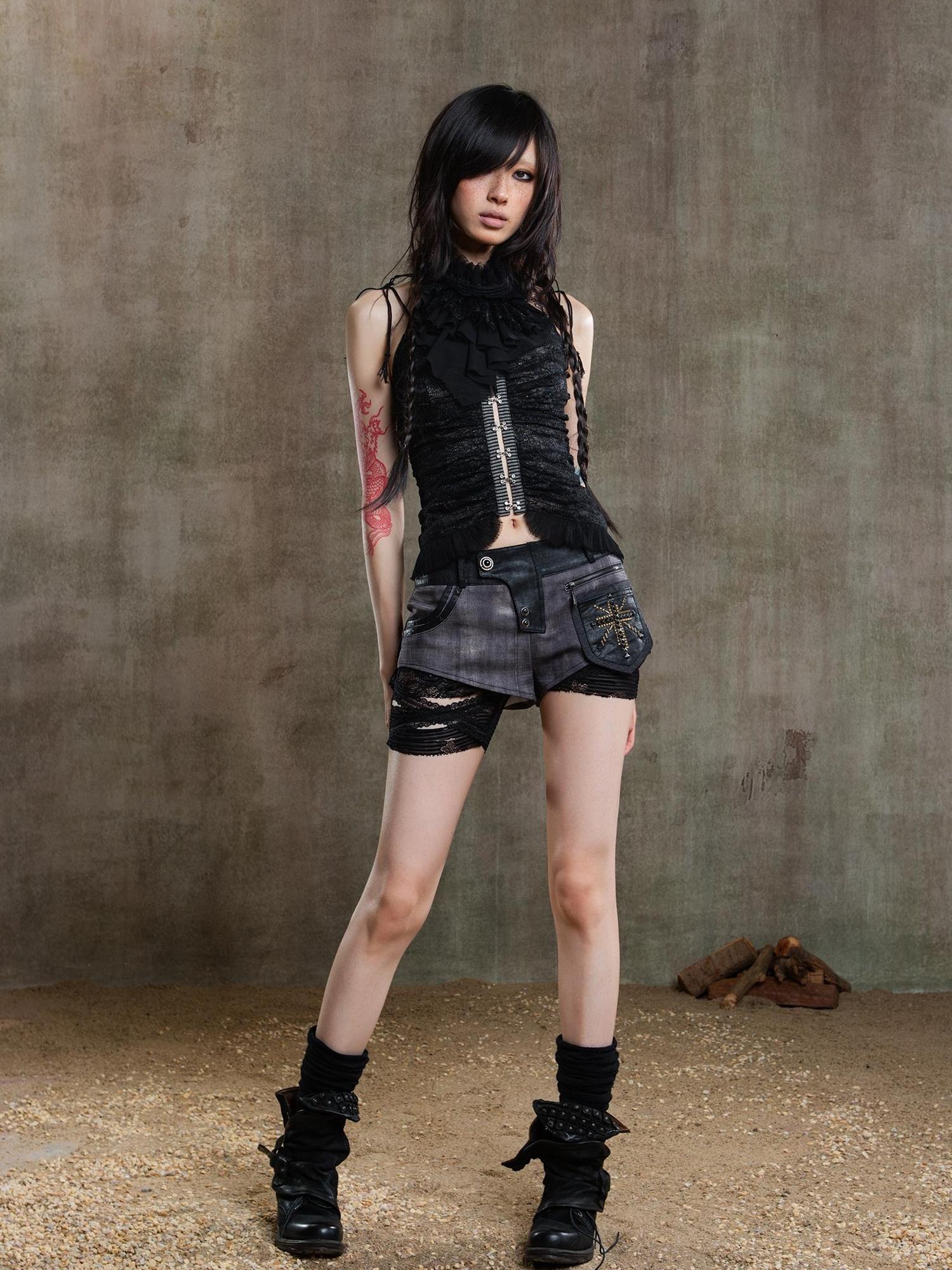 ARIADNAw Gothic Lace Punk Corset Bustier With Multi Pleats