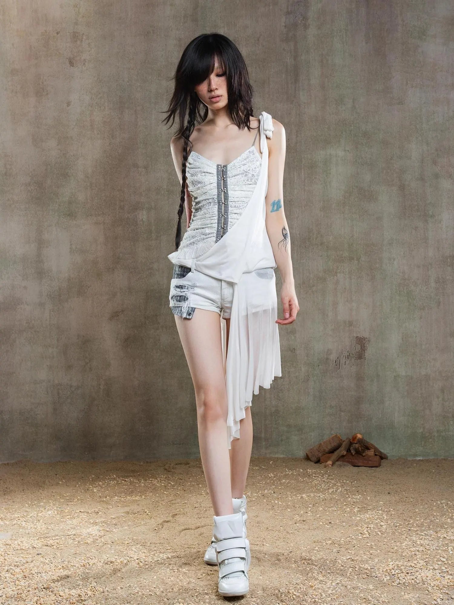 Gothic Lace Punk Corset Bustier With Multi Pleats