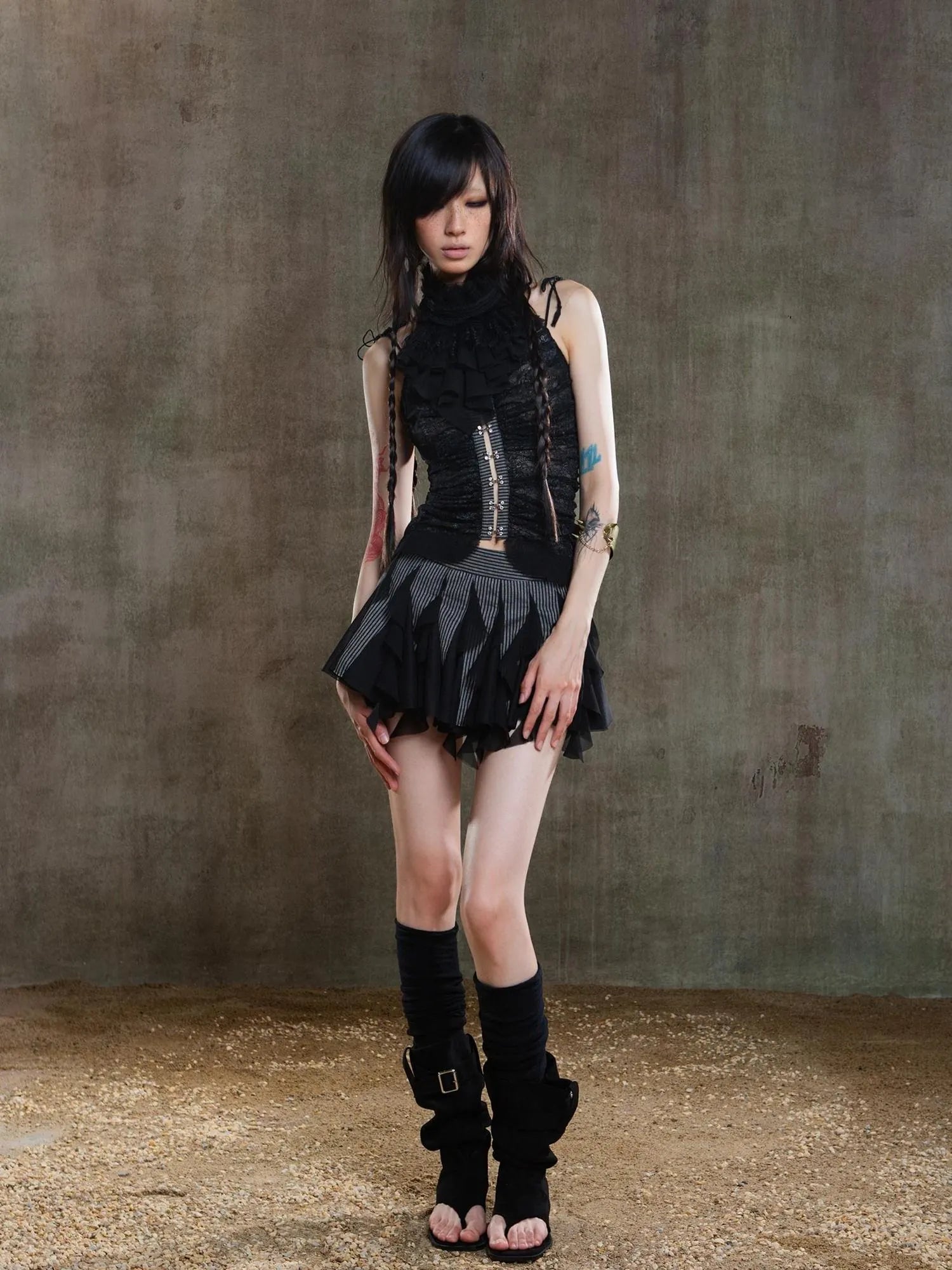 Gothic Lace Punk Corset Bustier With Multi Pleats