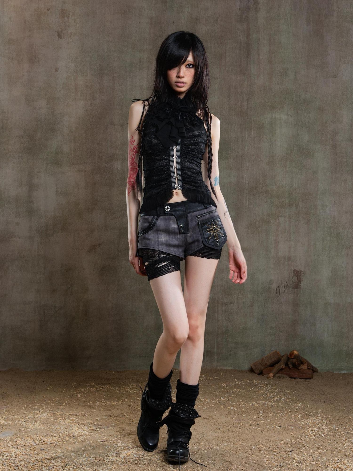 ARIADNAw Gothic Lace Punk Corset Bustier With Multi Pleats