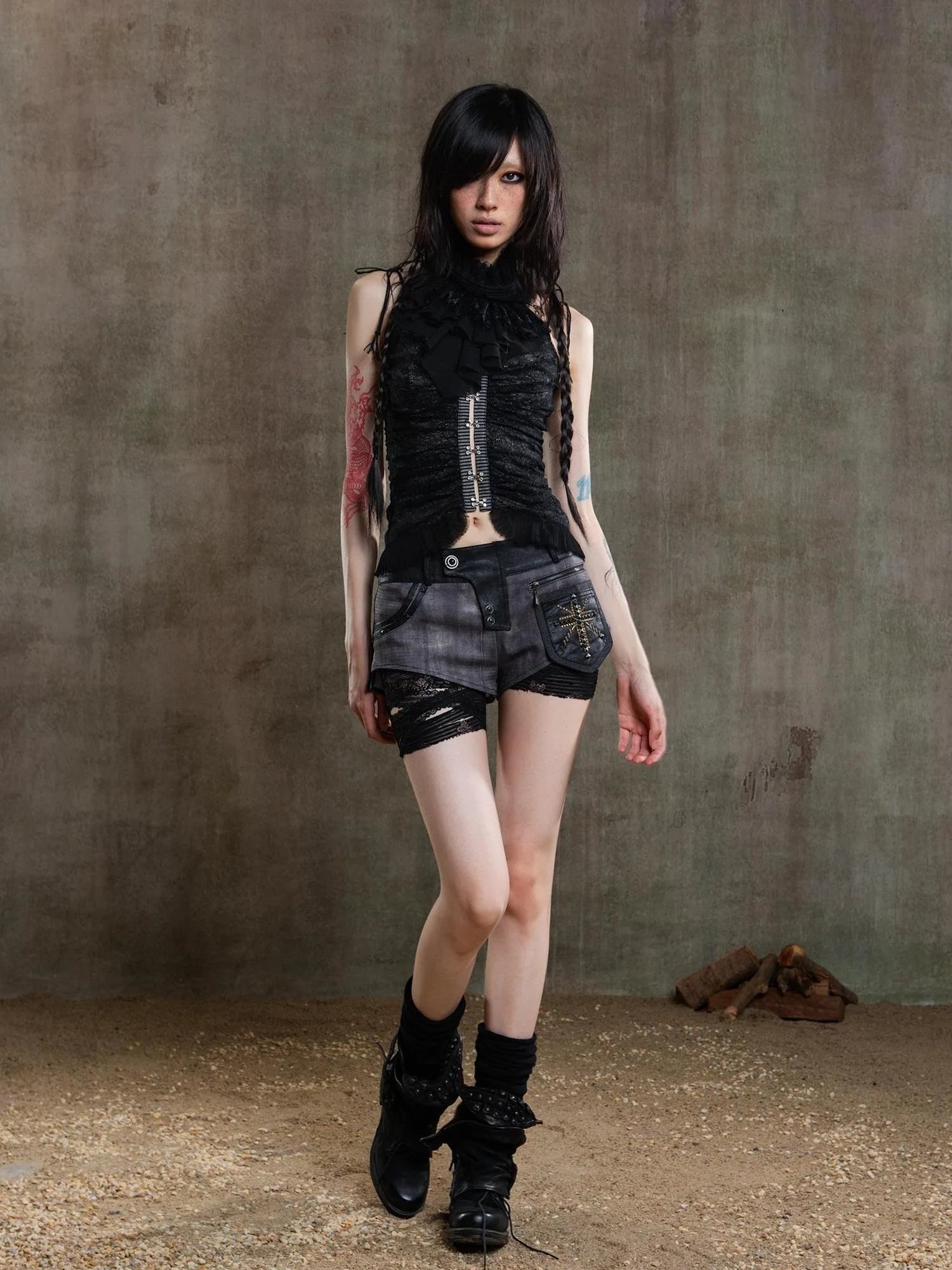 Gothic Lace Punk Corset Bustier With Multi Pleats