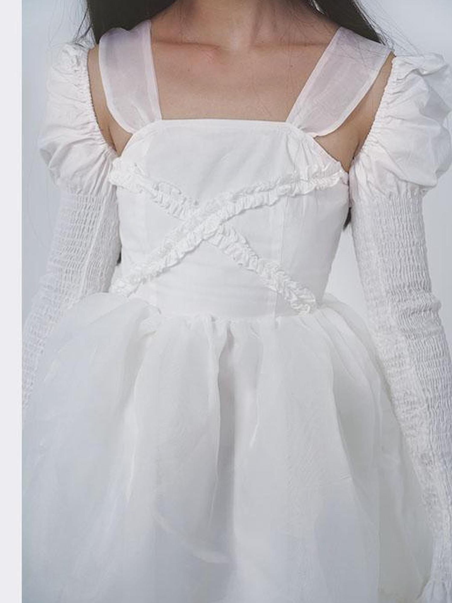 WSW WUSHENWU Gothic Lolita Princess Puff Sleeve Dress Black White