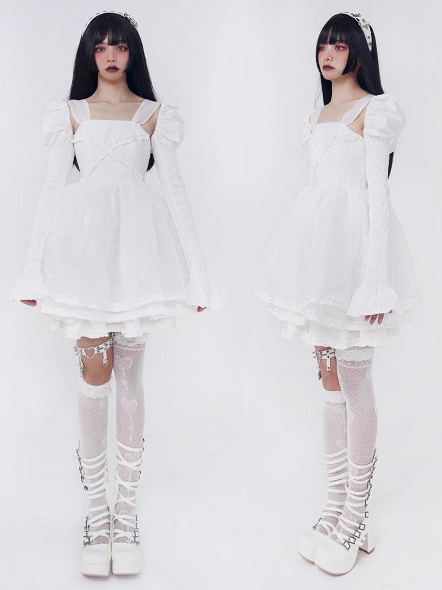 WSW WUSHENWU Gothic Lolita Princess Puff Sleeve Dress Black White