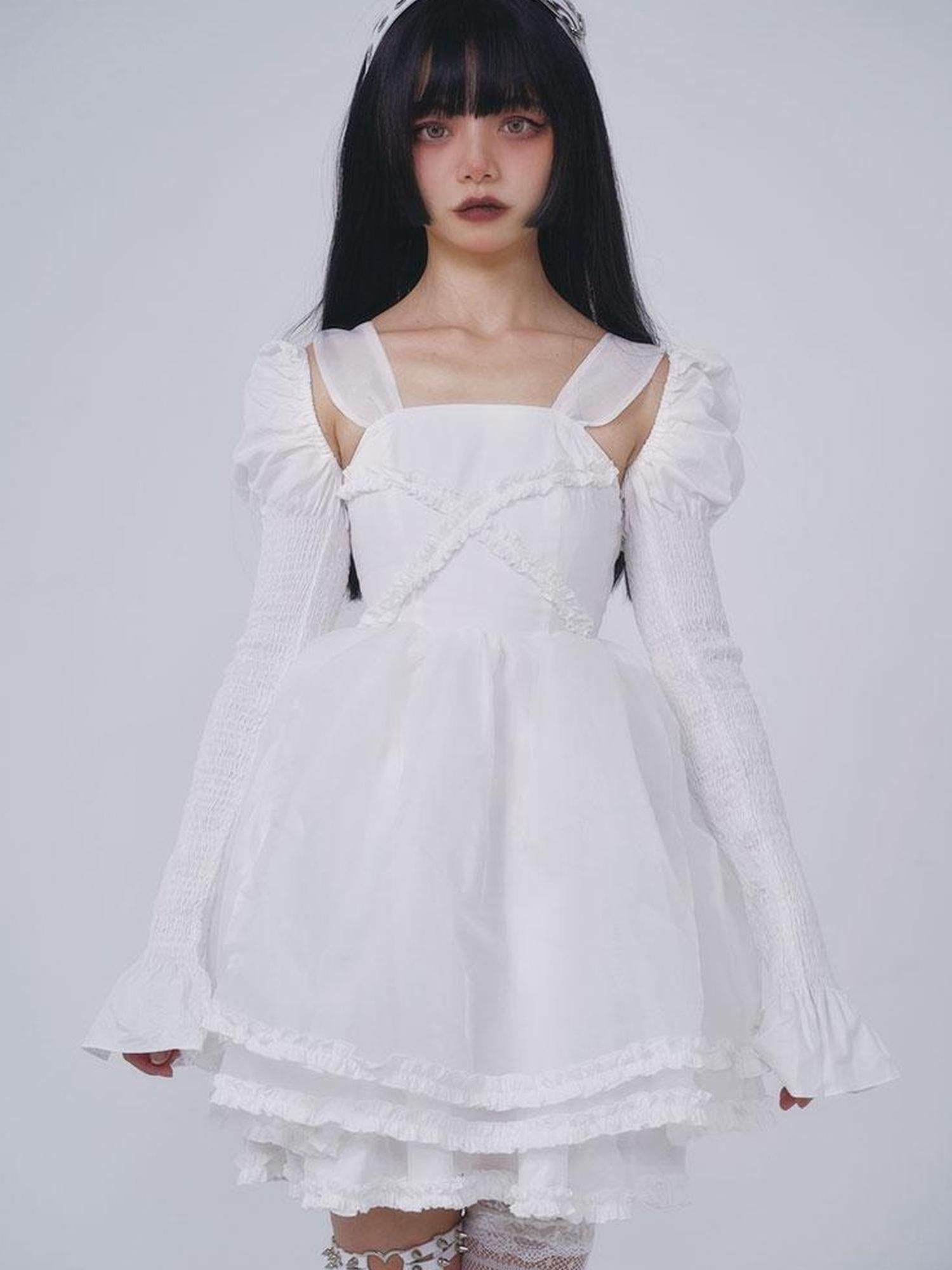 WSW WUSHENWU Gothic Lolita Princess Puff Sleeve Dress Black White