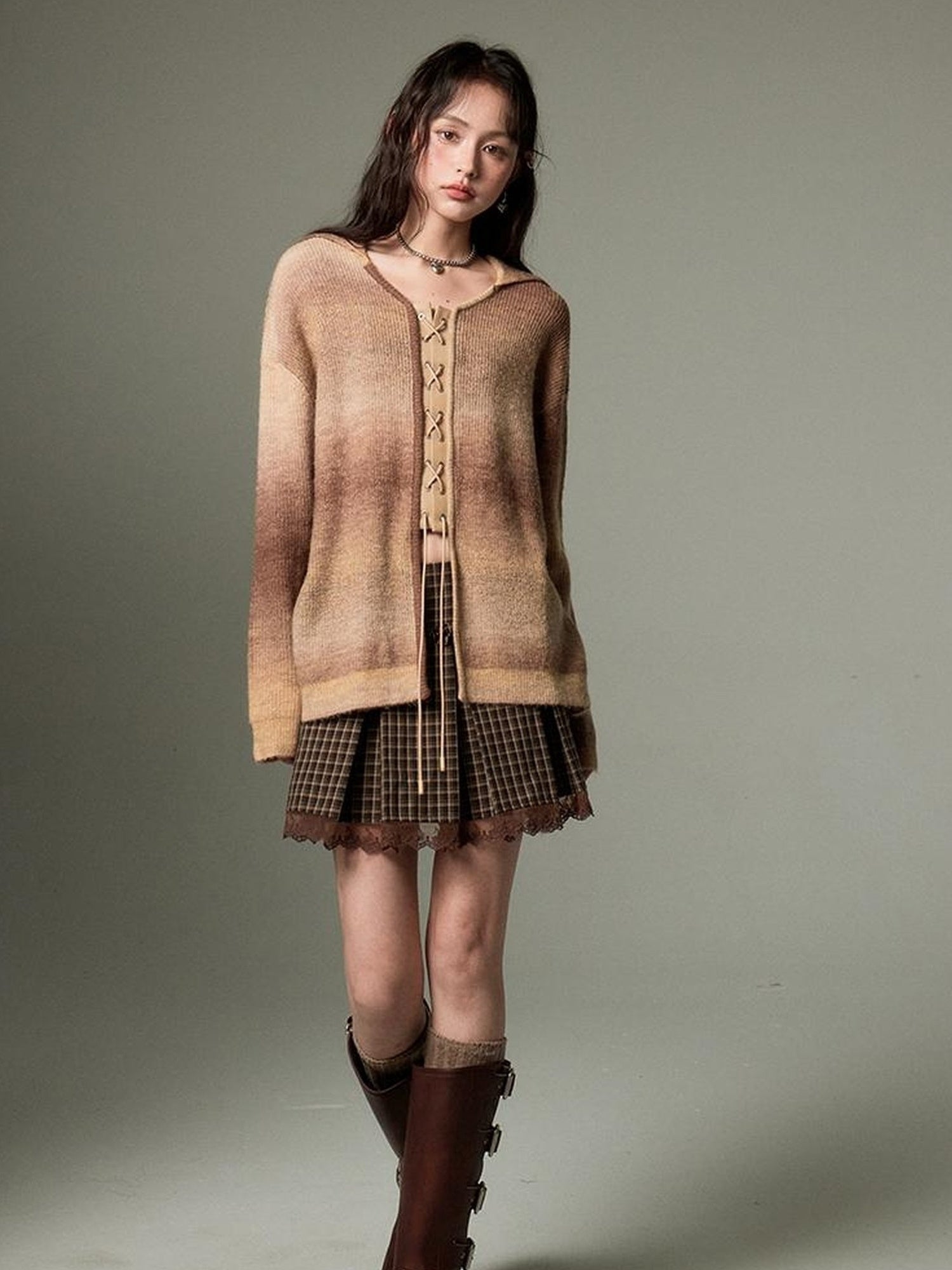 DIDDI MODA Gradient Knit Cardigan With Leather Ties