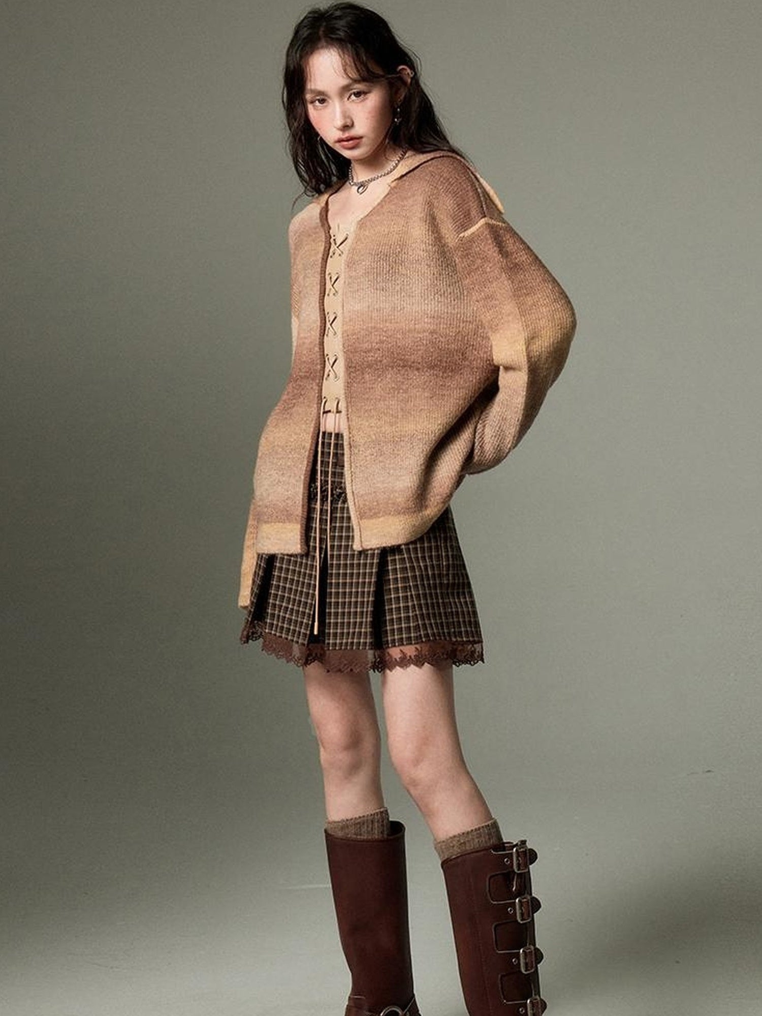 DIDDI MODA Gradient Knit Cardigan With Leather Ties