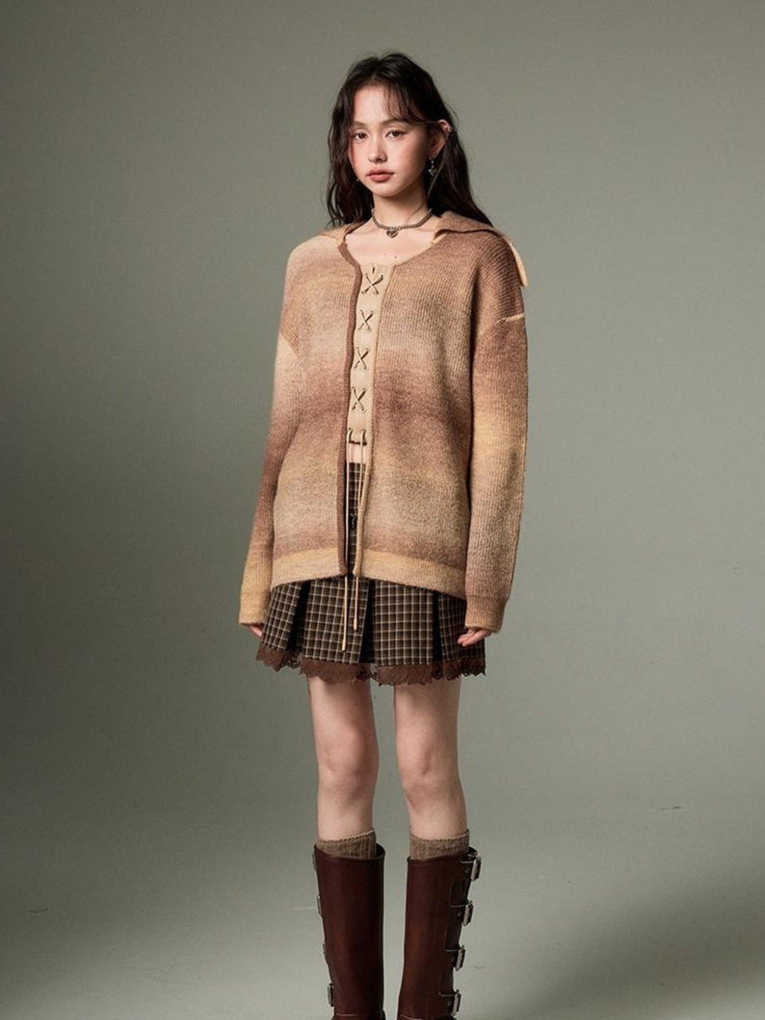 DIDDI MODA Gradient Knit Cardigan With Leather Ties