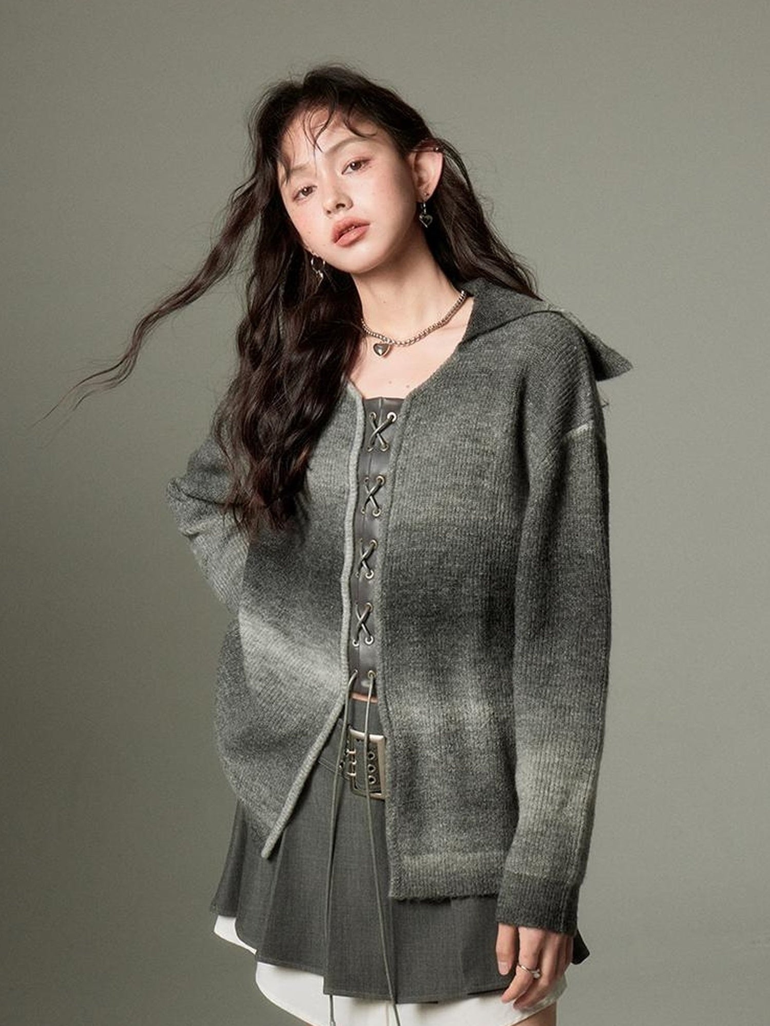 DIDDI MODA Gradient Knit Cardigan With Leather Ties