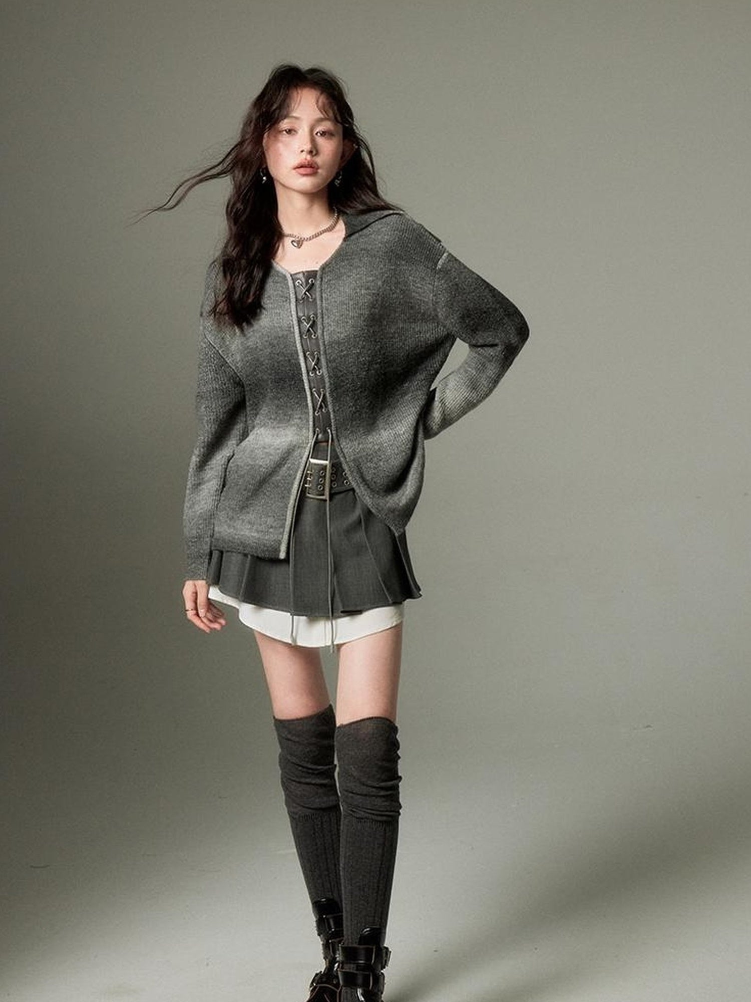 DIDDI MODA Gradient Knit Cardigan With Leather Ties