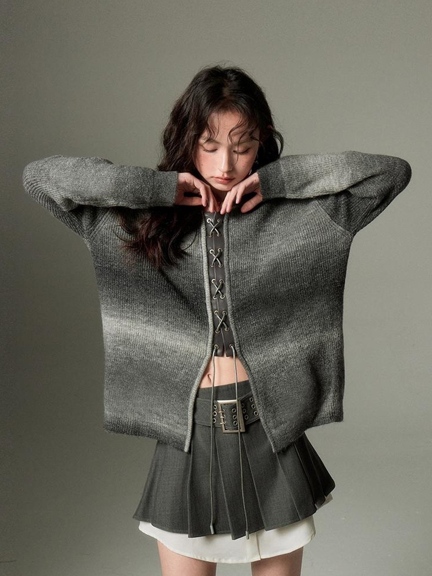 DIDDI MODA Gradient Knit Cardigan With Leather Ties