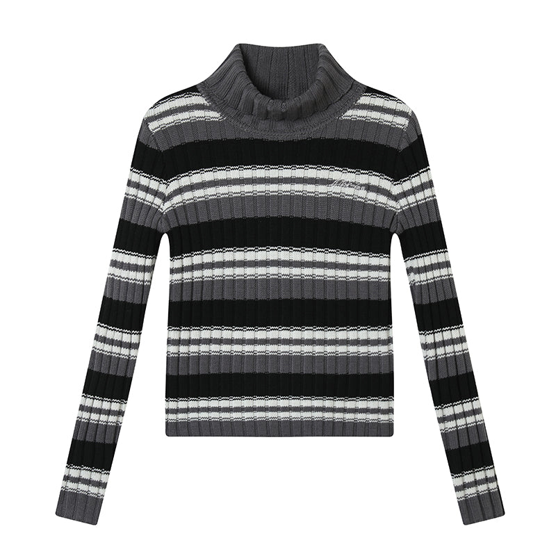 Achihara Women Striped Knit Sweater Short Sleeve Round Neck Slim Fit Top