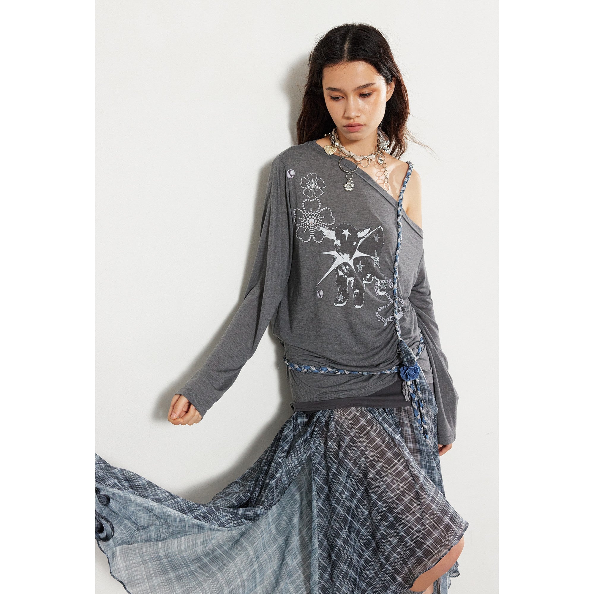 2th Desire Textured Pleated Plaid Mesh Asym Hem Chiffon Maxi Skirt