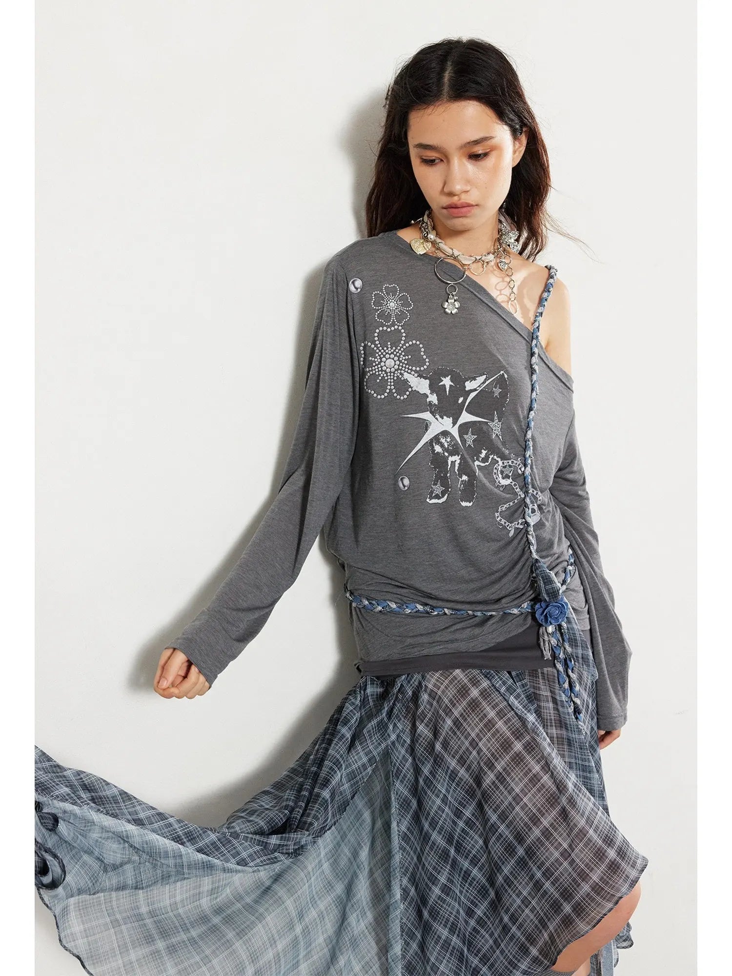 Textured Pleated Plaid Mesh Asym Hem Chiffon Maxi Skirt