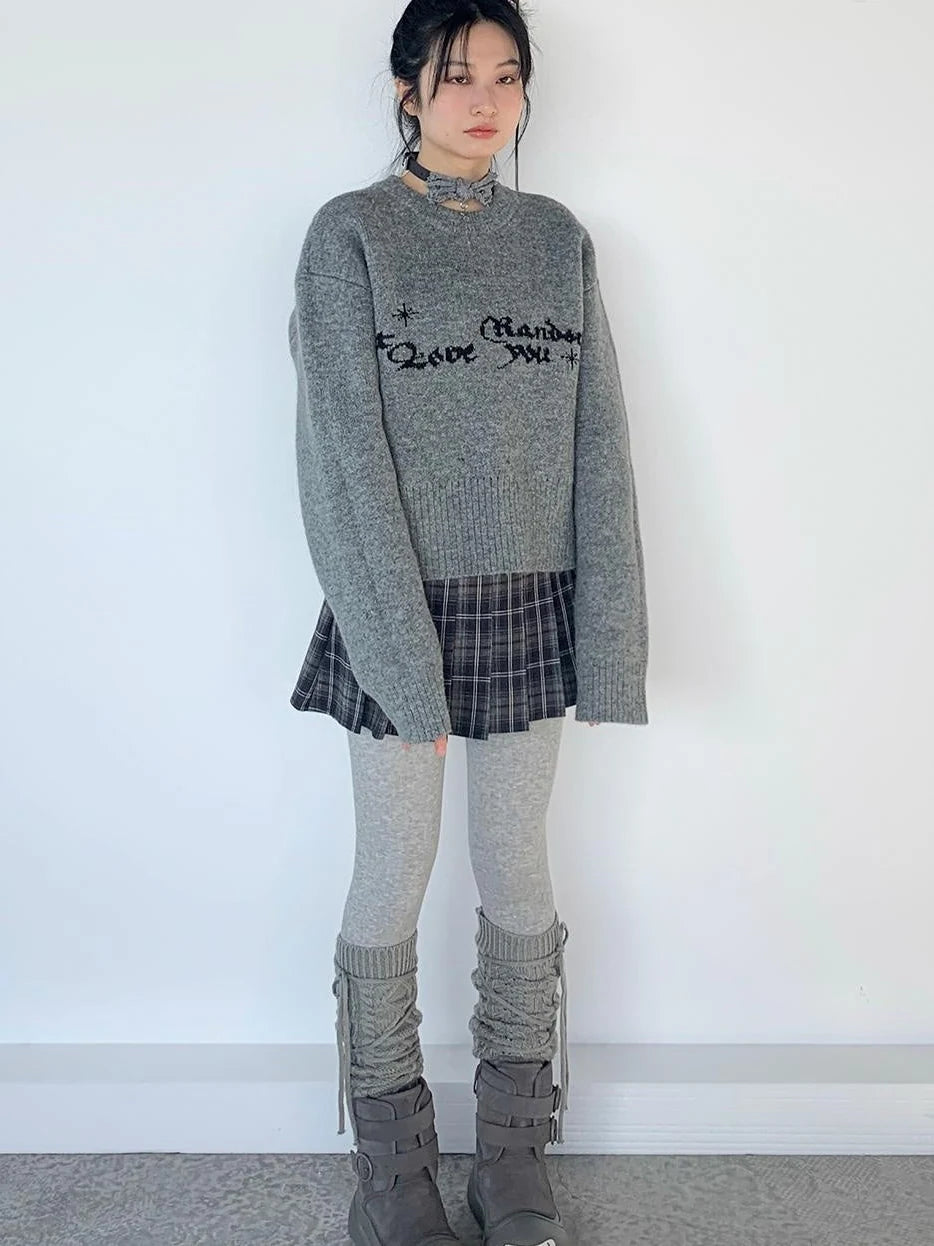 Gray Oversized Knit Sweater Women Casual Layering Top