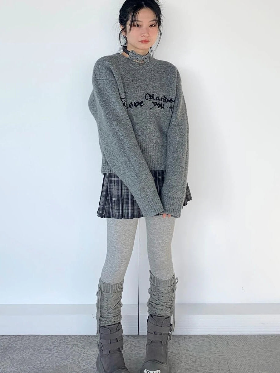 Gray Oversized Knit Sweater Women Casual Layering Top