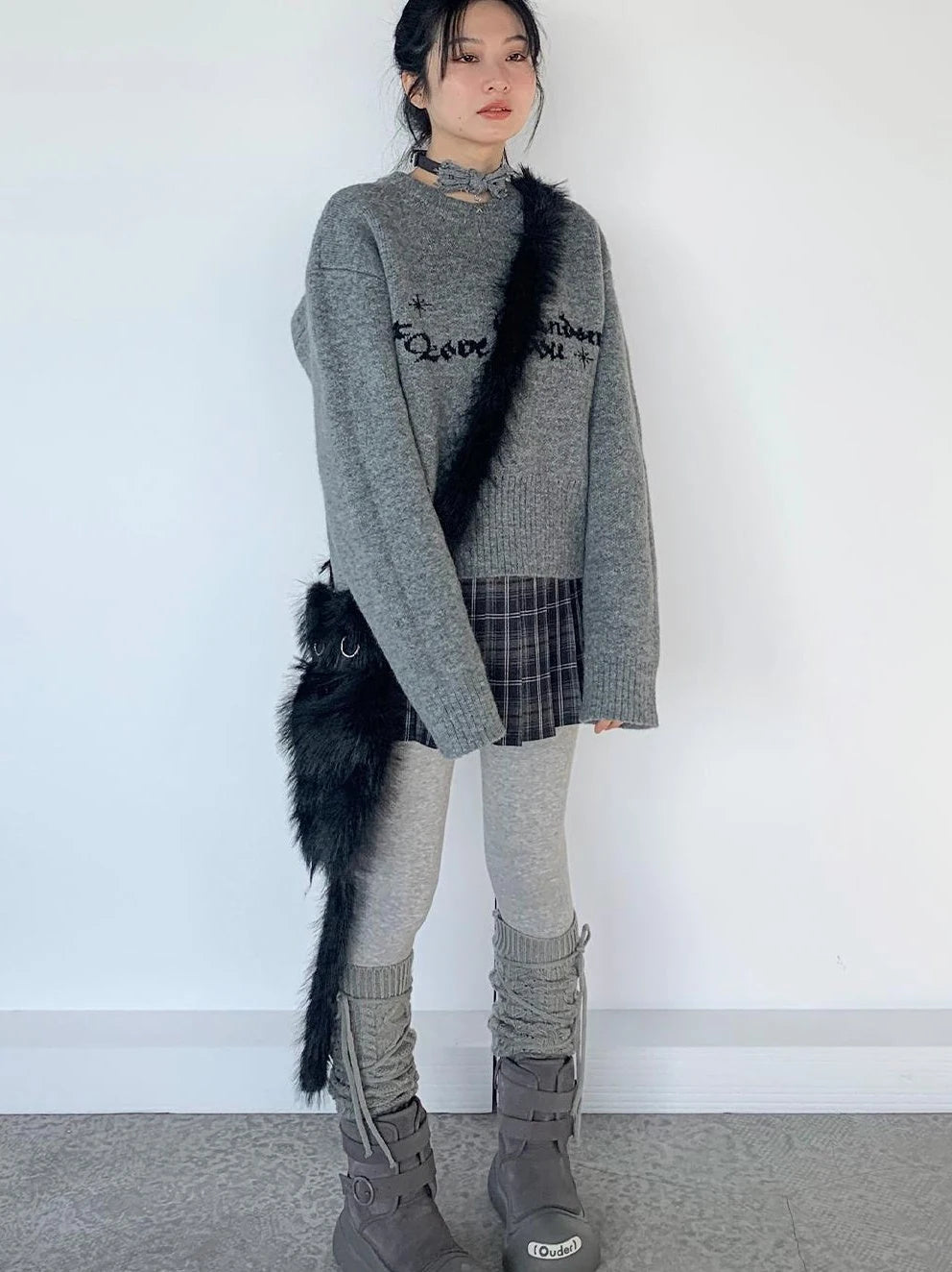Gray Oversized Knit Sweater Women Casual Layering Top