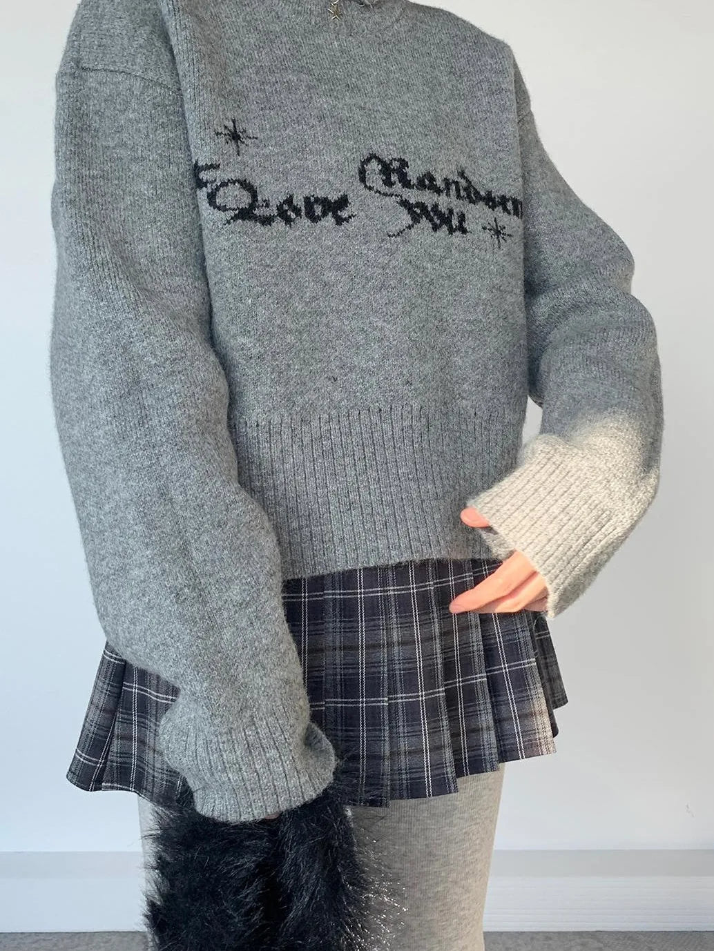 Gray Oversized Knit Sweater Women Casual Layering Top