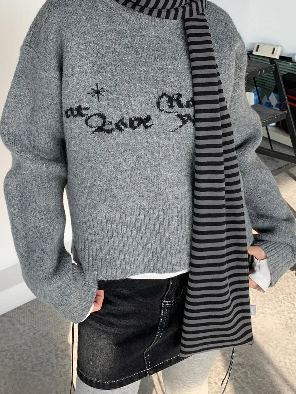 Gray Oversized Knit Sweater Women Casual Layering Top