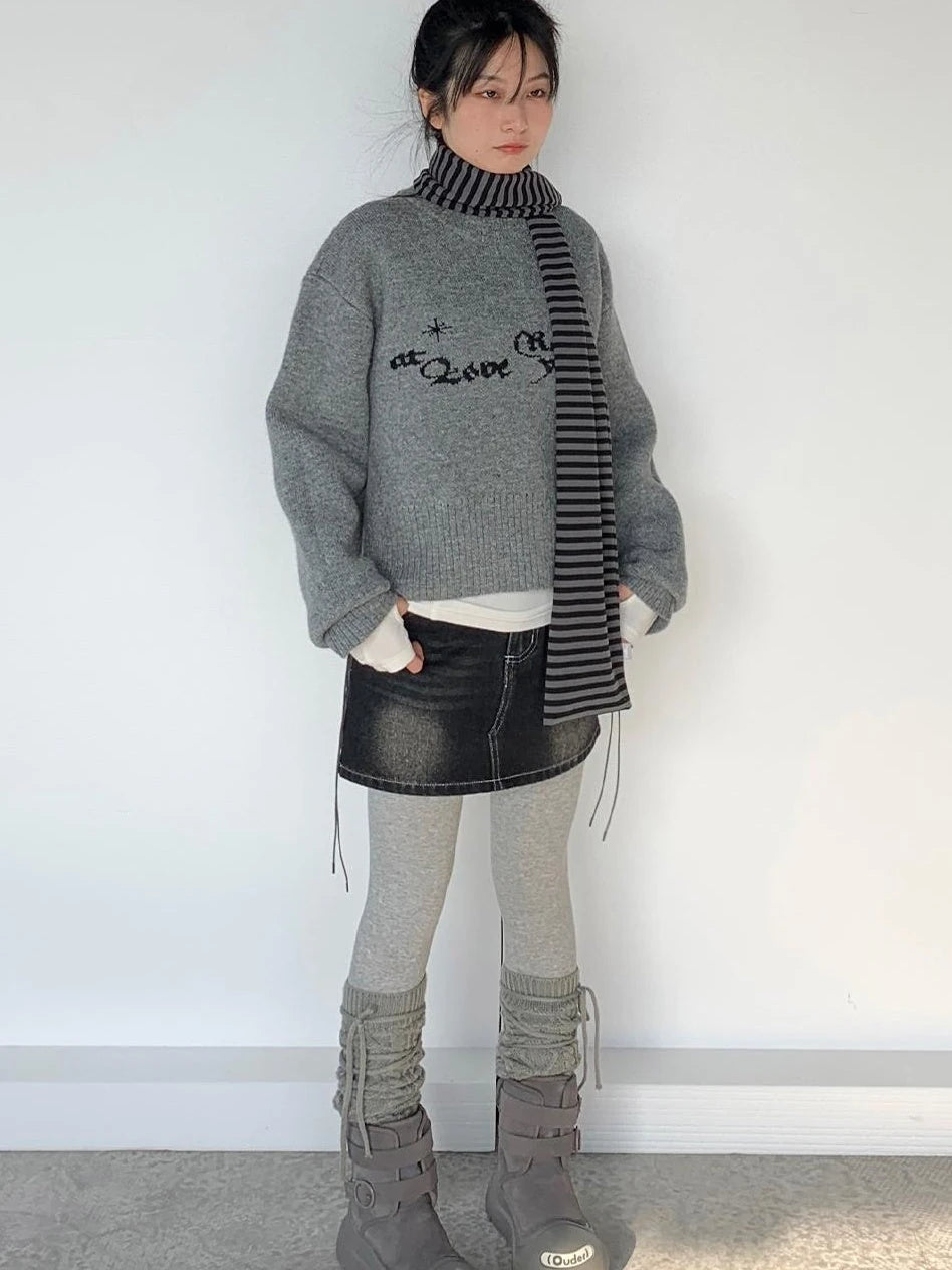 Gray Oversized Knit Sweater Women Casual Layering Top