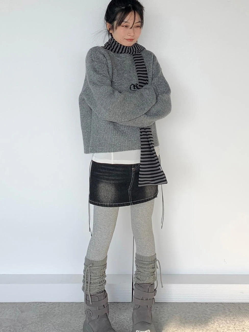 Gray Oversized Knit Sweater Women Casual Layering Top