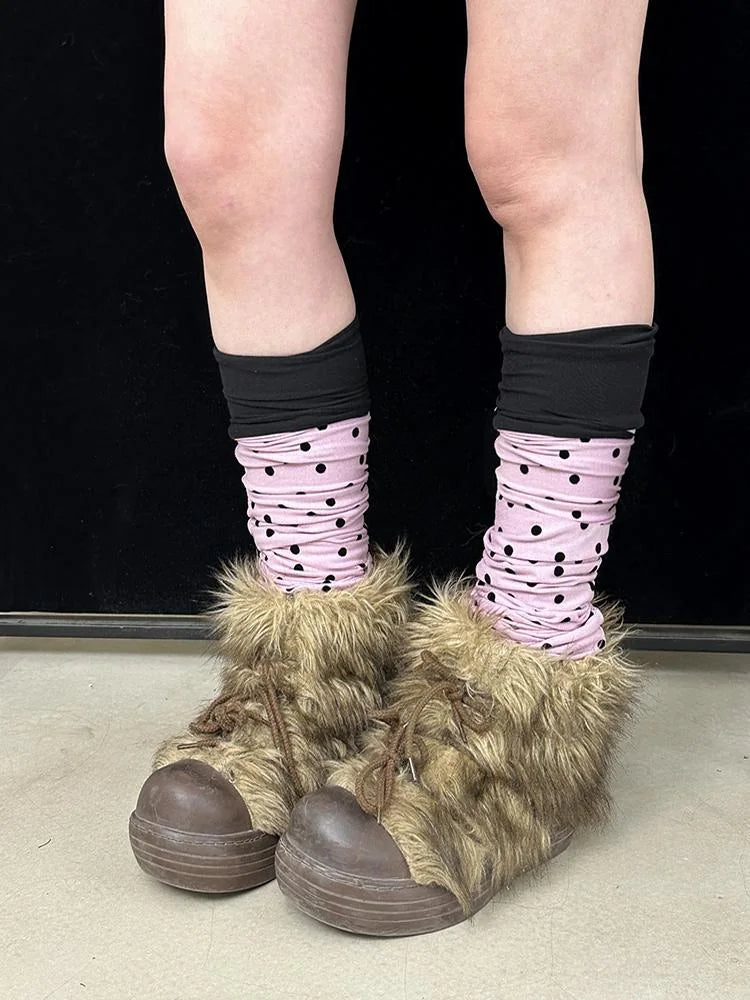 Gray Pink Knit Long Stacked Leg Warmers Socks