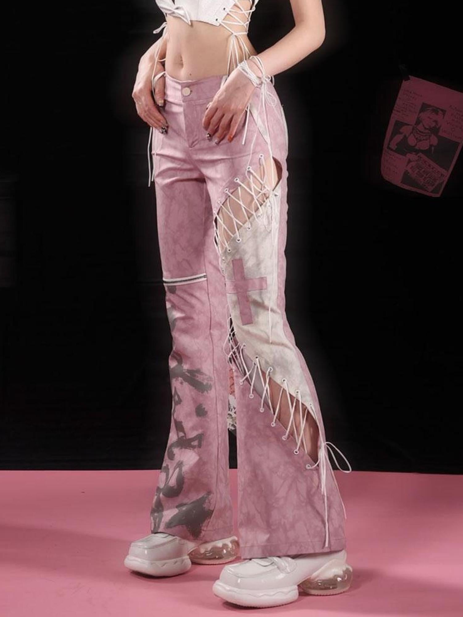 WSW WUSHENWU Gray Pink Plaid Cut Out Tie Waist Slim Fit Pants