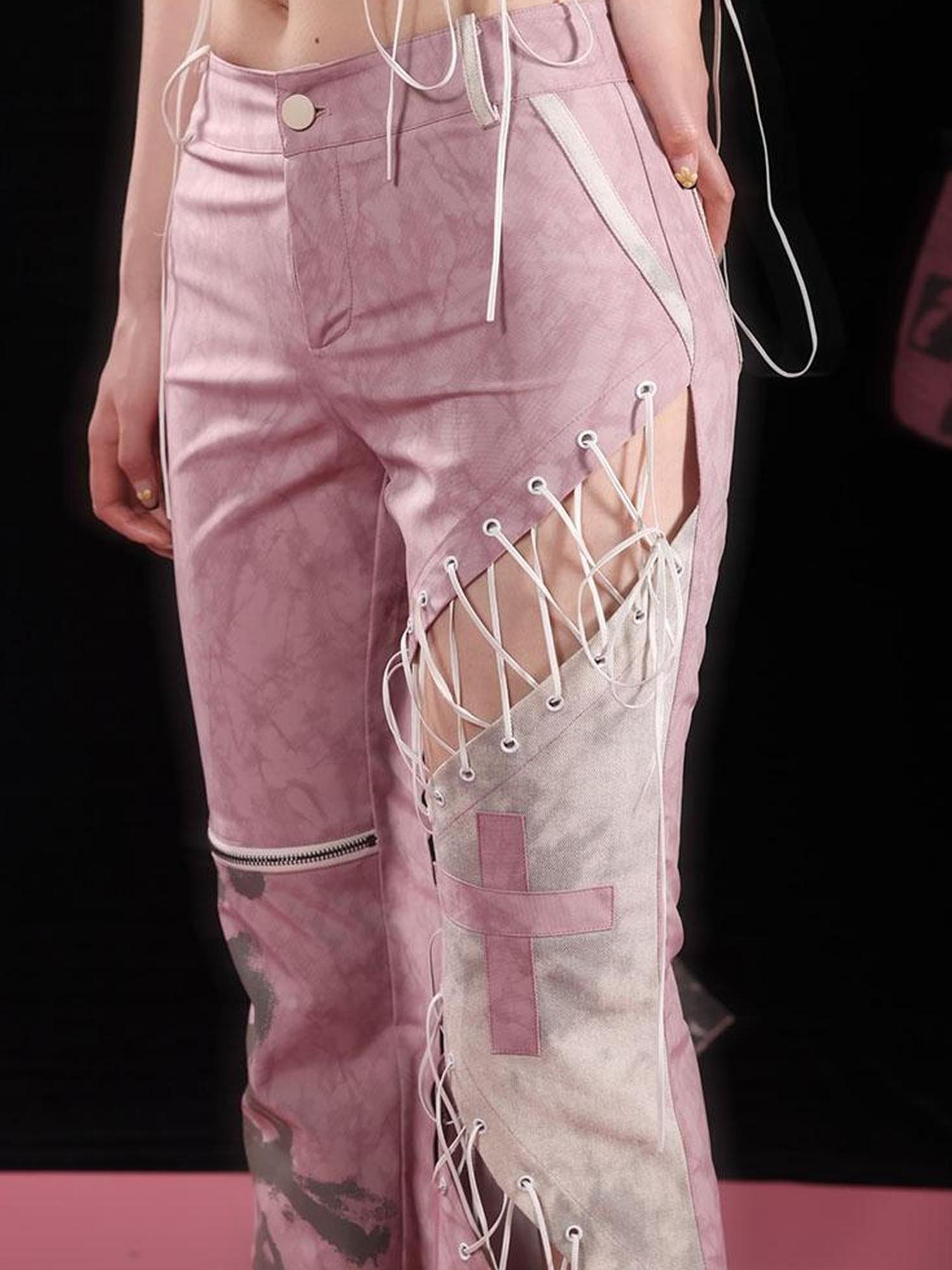 WSW WUSHENWU Gray Pink Plaid Cut Out Tie Waist Slim Fit Pants