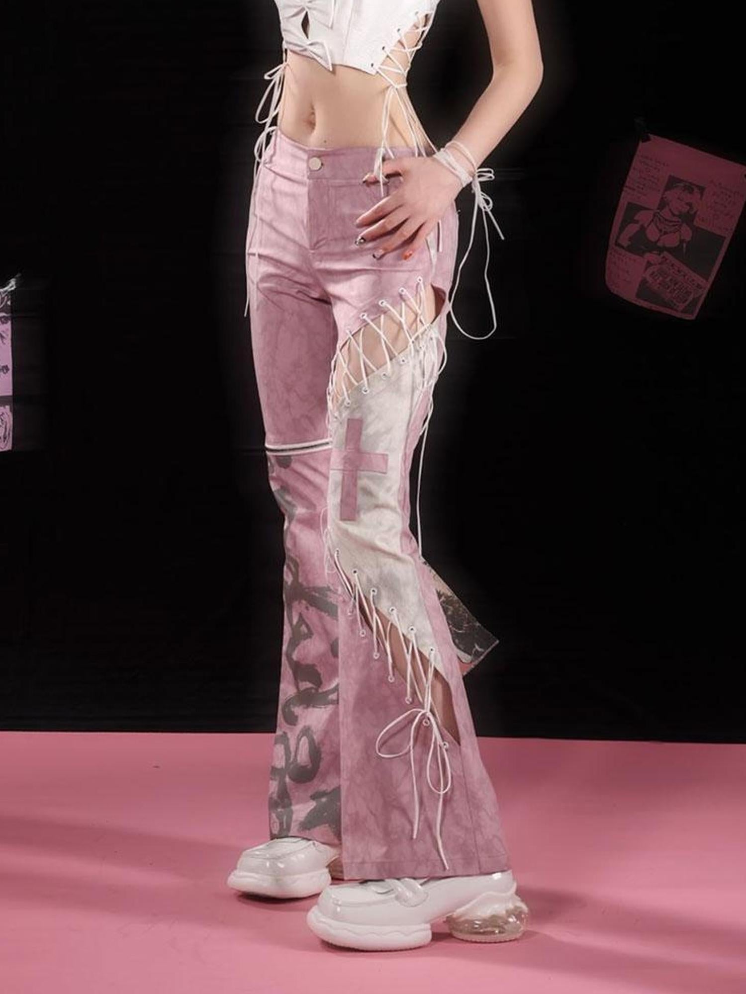 WSW WUSHENWU Gray Pink Plaid Cut Out Tie Waist Slim Fit Pants