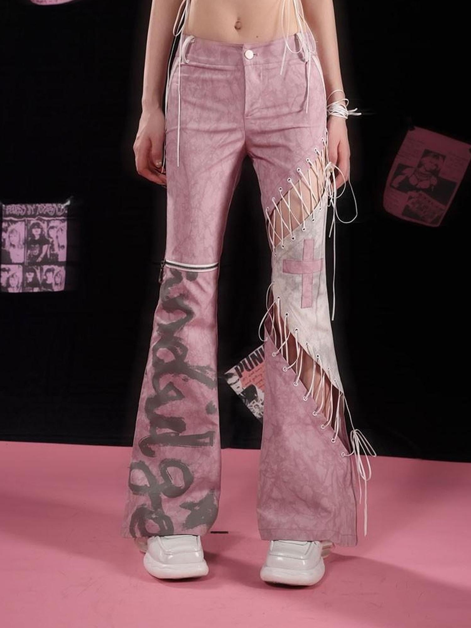 WSW WUSHENWU Gray Pink Plaid Cut Out Tie Waist Slim Fit Pants