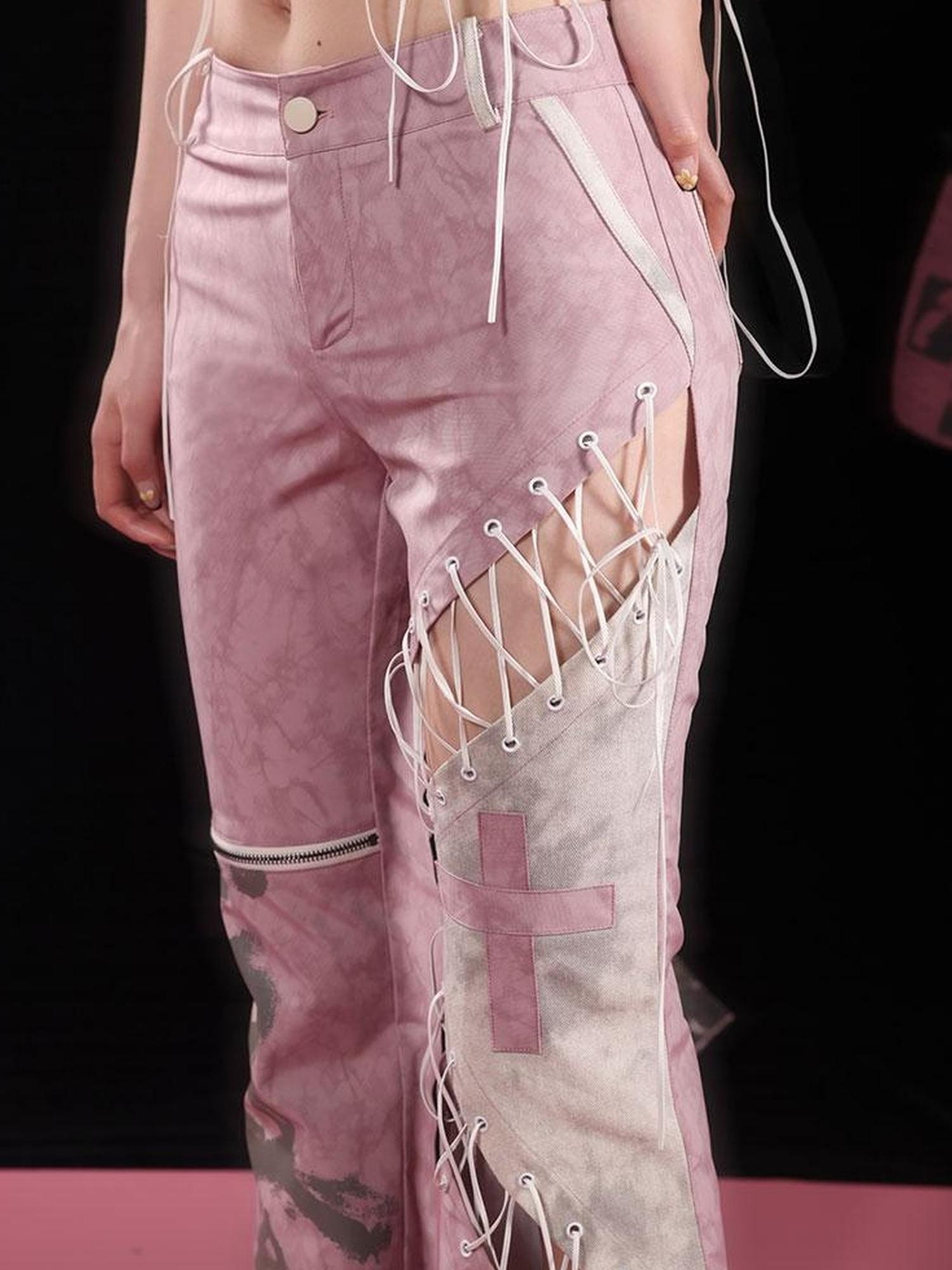 WSW WUSHENWU Gray Pink Plaid Cut Out Tie Waist Slim Fit Pants